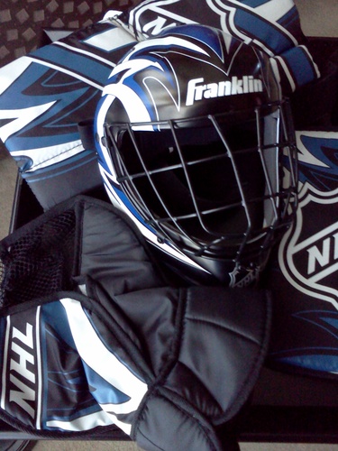 Franklin Sports NHL Youth Knee Hockey Goalie Pads + Helmet Set - Kids Knee + Mini Hockey Goalie Gear + Equipment - (2) Leg Pads, Catch Glove, Blocker + Mask Included customer photo 2