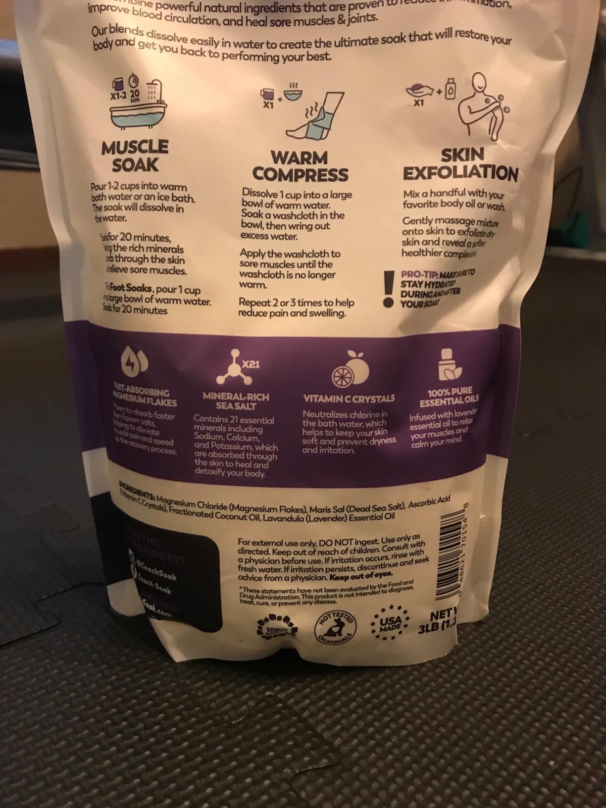 Coach Soak Recovery Bath Soak - Alternative to Epsom Salt Bath Soak - Fast-Absorbing Pure Magnesium Flakes & Dead Sea Salt with 21 Minerals, Bath Salts & Essential Oils - 3 lb, Calming Lavender customer photo 2