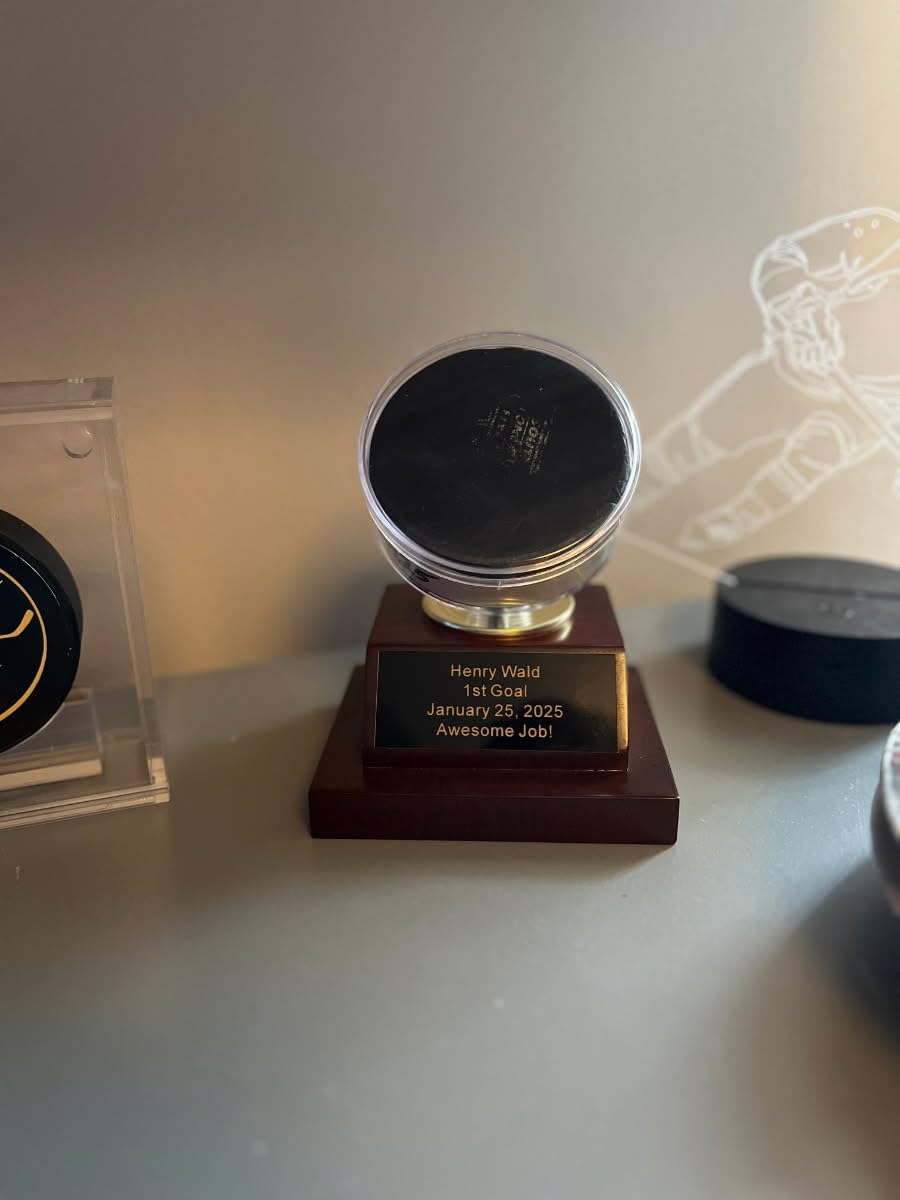 Hockey Puck Display with Custom Engraving Plate, Remember Your Special Puck, Acrylic Case, 5 1/4 Inches Tall customer photo 1