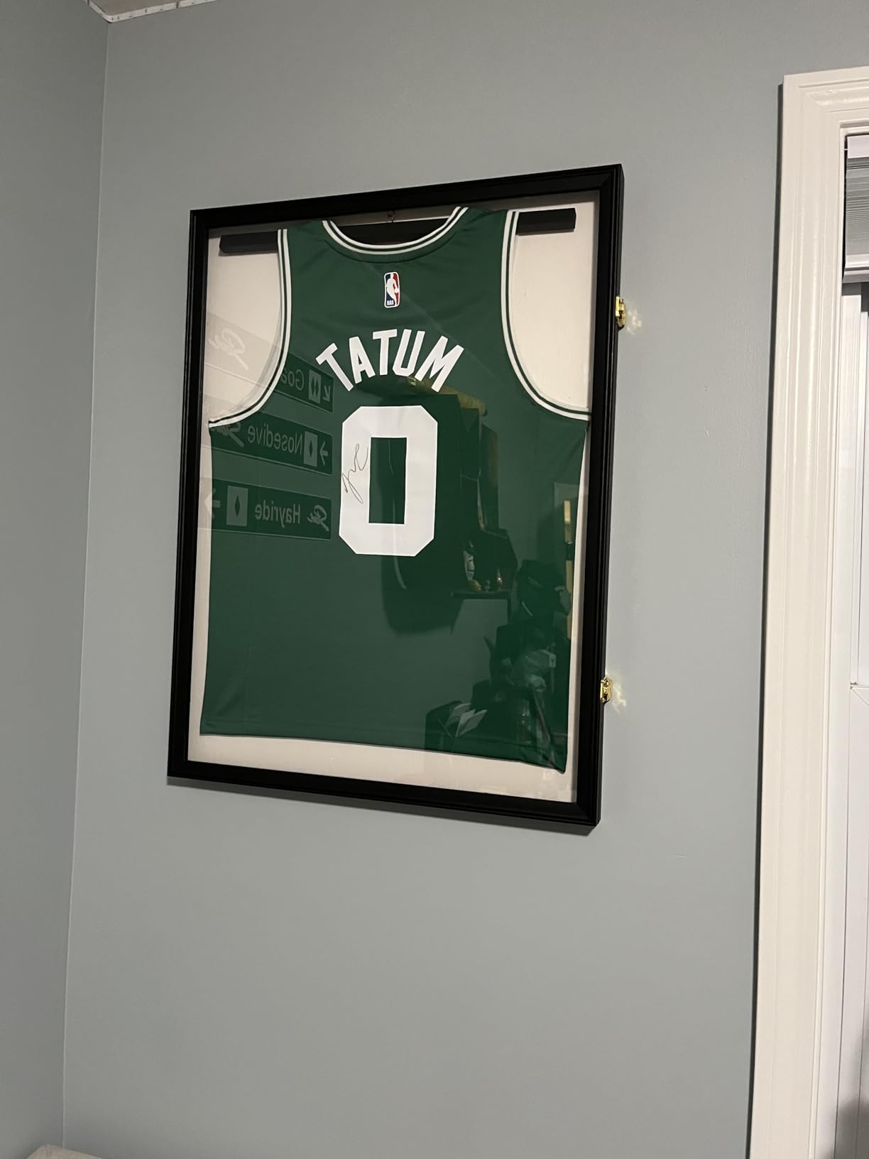 Jersey Frame Display Case, Large Lockable Shadow Box Sports Jersey Frame with UV Protection Acrylic and 2 Hanger for Baseball Basketball Football Soccer Hockey Shirt,Uniform, Graduates Black customer photo 1