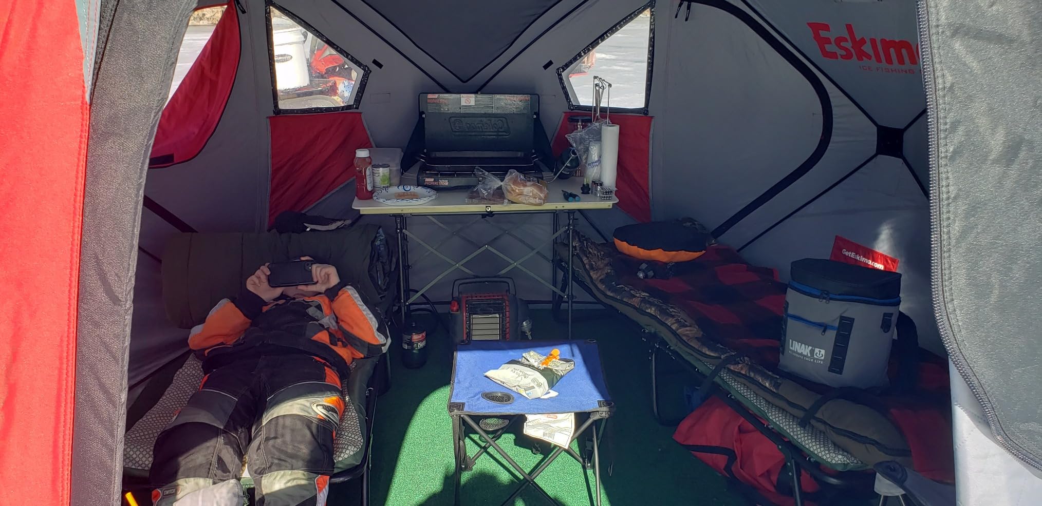 Eskimo Outbreak Portable Pop-Up Ice Fishing Shelter, Stormshield Insulated Fabric, No Trip Door, Durable Hub Design, Deluxe Tie Downs, Red/Black customer photo 2