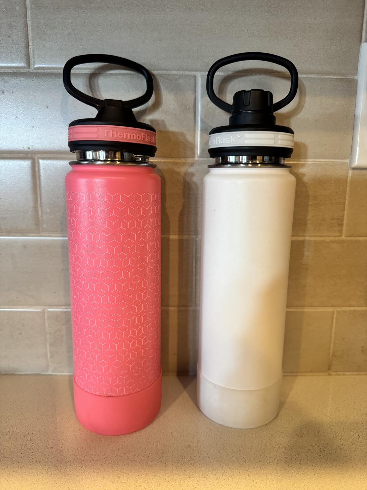 ThermoFlask Stainless Steel Water Bottles 2-Pack - Double-Wall Vacuum Insulated 24 oz BPA-Free Spout Lids - Keeps Drinks Cold 24 Hrs, Hot 12 Hrs - Leakproof, Dishwasher Safe, Mayan Blue/Black customer photo 1