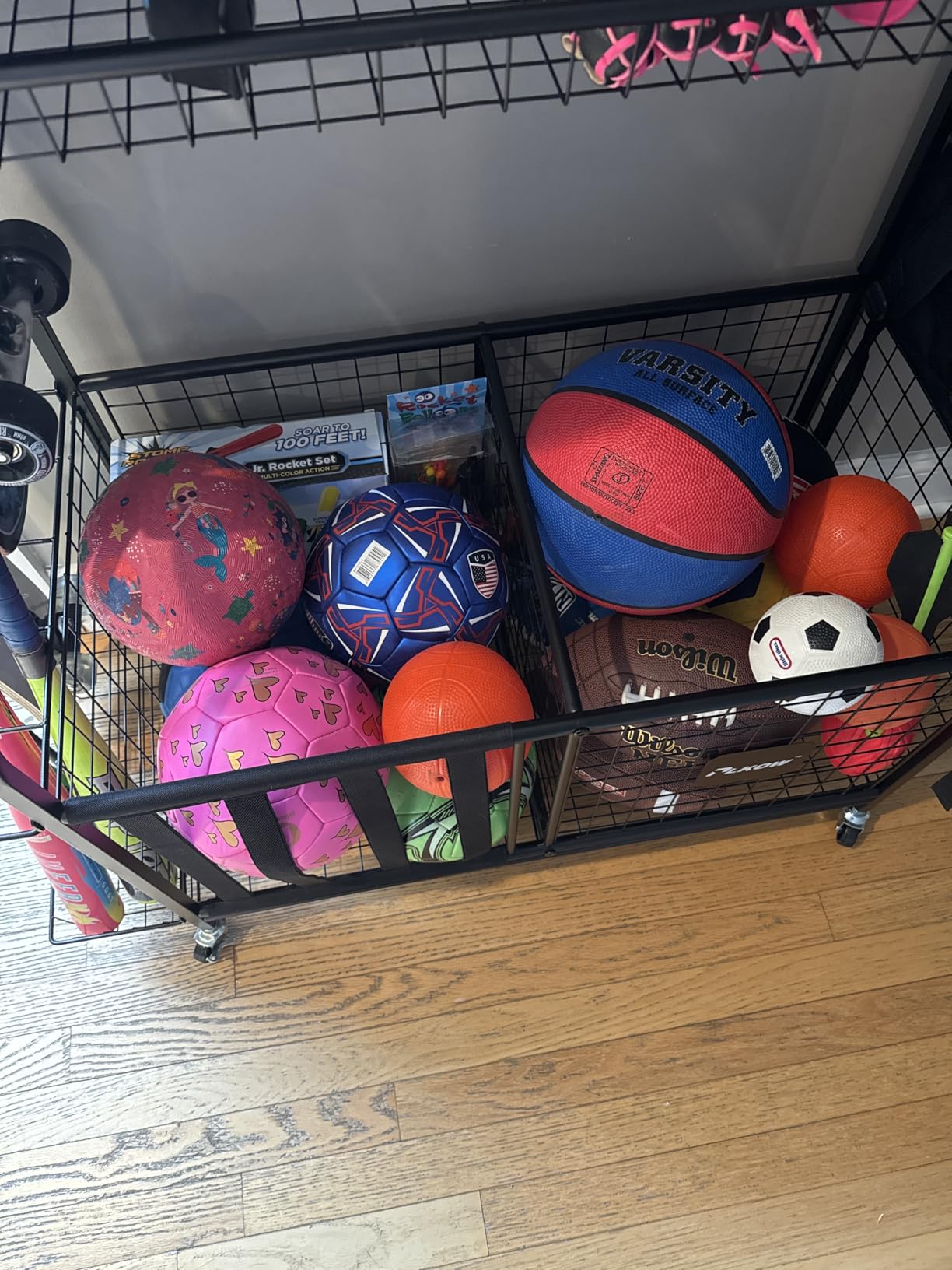 PLKOW Sports Equipment Storage for Garage, Indoor/Outdoor Sports Rack for Garage, Ball Storage Garage Organizer with Basket and Hooks customer photo 1