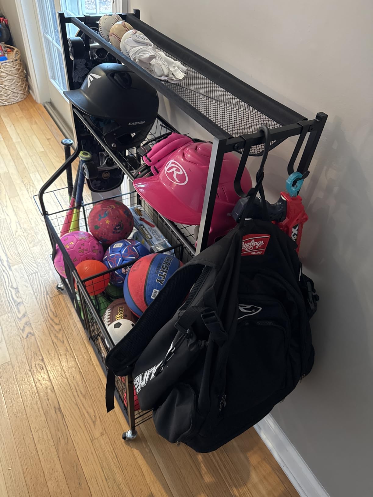 PLKOW Sports Equipment Storage for Garage, Indoor/Outdoor Sports Rack for Garage, Ball Storage Garage Organizer with Basket and Hooks customer photo 2