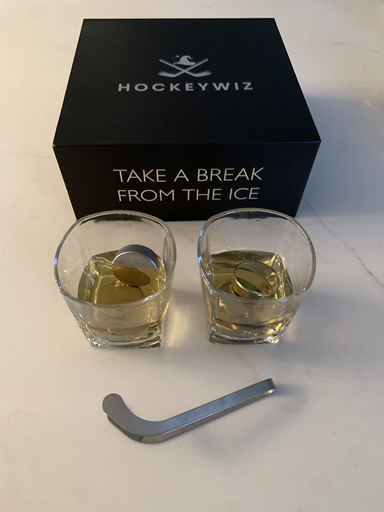 Whiskey Stone Set 7pcs | 4 Hockey Puck Whiskey Stones with Cooling Gel Interior | Hockey Stick Tongs, Elegant Glasses Gift Set | Father's Day Gift customer photo 2