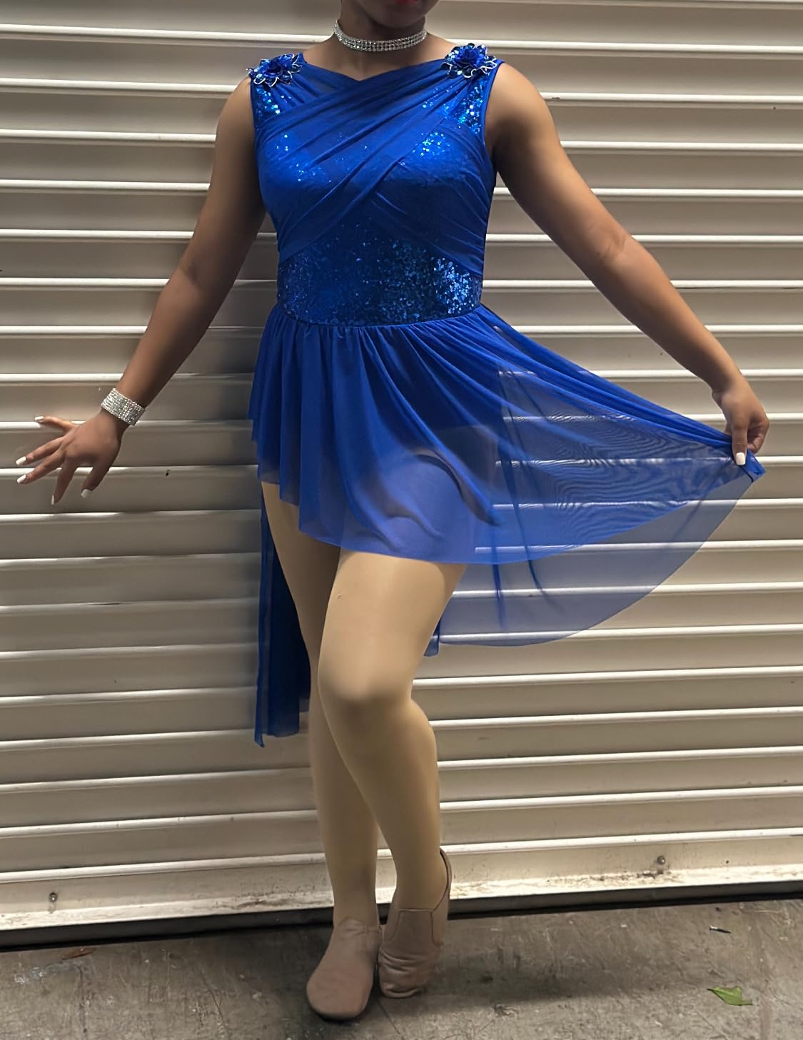 Women's Lyrical Dance Costume Sequin Flower Lyrical Dress Asymmetric Flowy Tulle Skirt Contemporary Dance Costumes customer photo 1