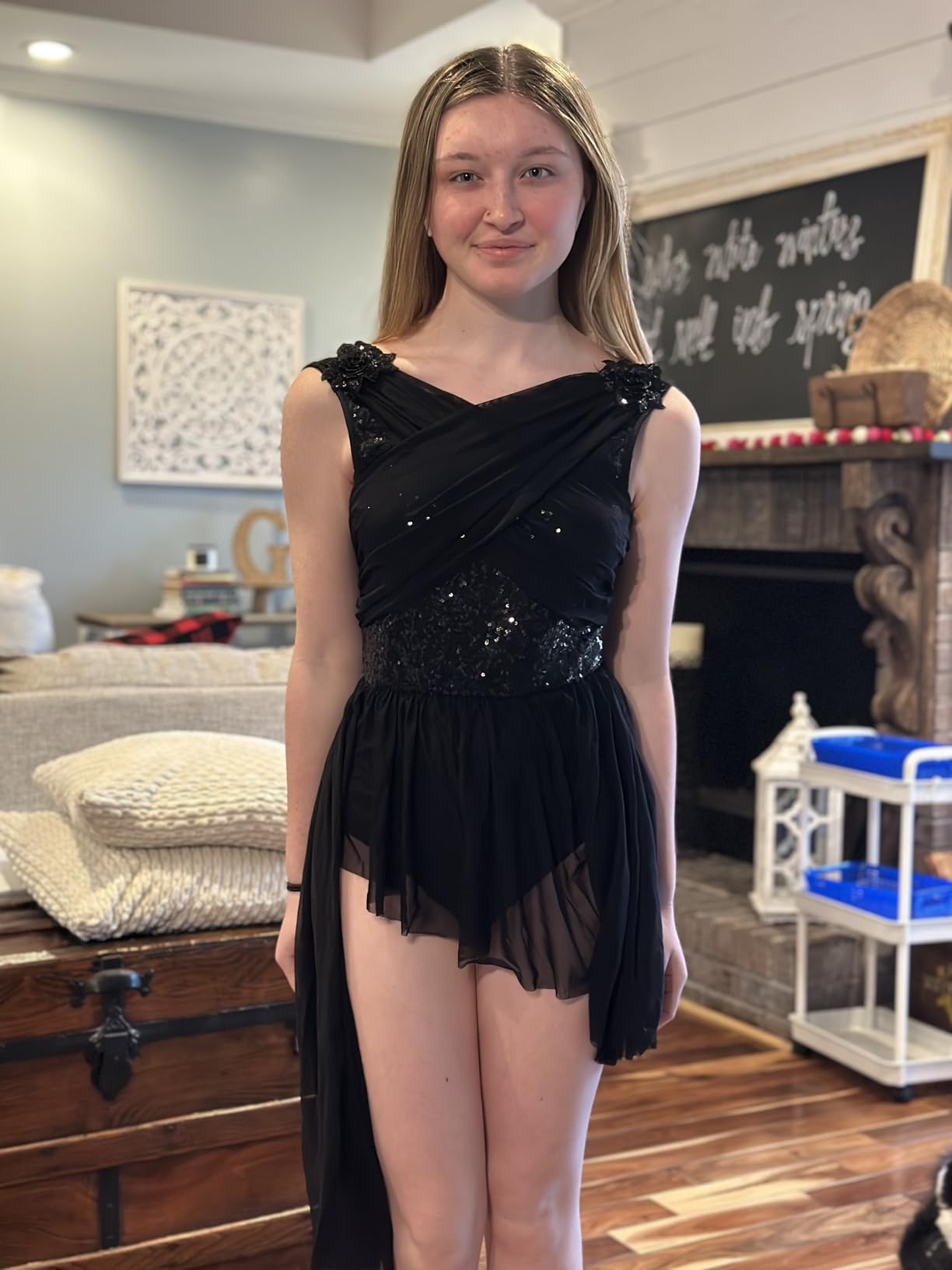 Women's Lyrical Dance Costume Sequin Flower Lyrical Dress Asymmetric Flowy Tulle Skirt Contemporary Dance Costumes customer photo 2