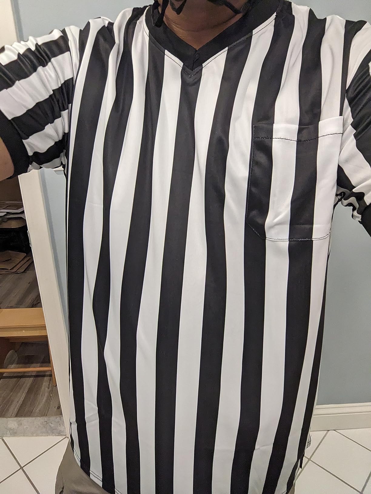 redgino Men's Referee Shirt Women Black & White Stripes Football Soccer Basketball Umpire Jersey Halloween customer photo 2