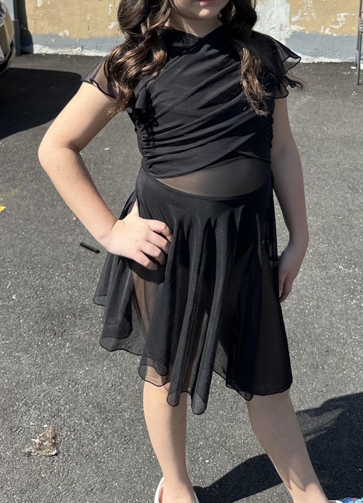 WYHDY Women Dance Dress Flutter Sleeve Mesh Skirted Leotard Lyrical Costume, Water-Drop Hollow Back customer photo 2