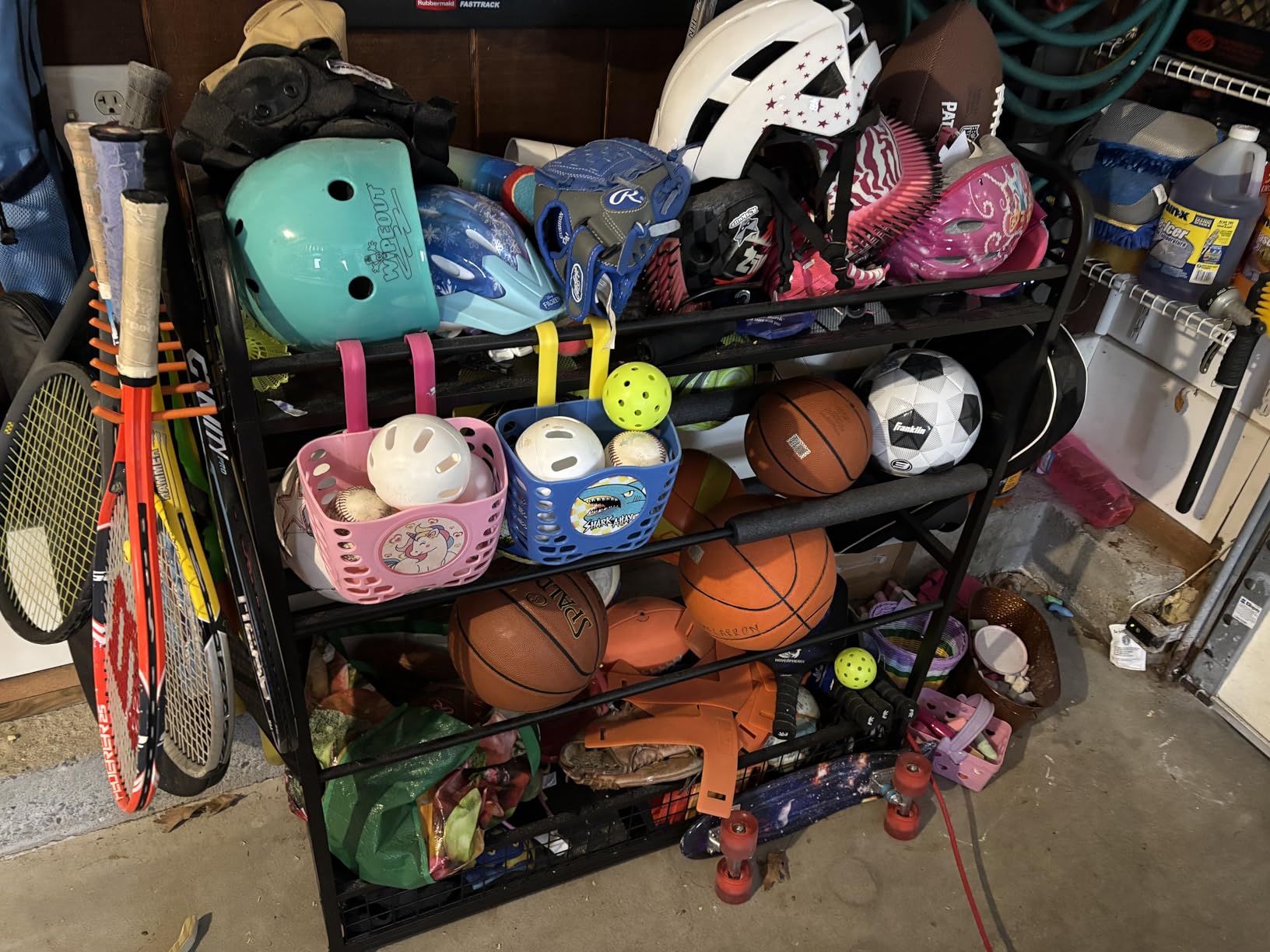 EXTCCT Garage Sports Equipment Organizer - Rolling Ball Storage Bin with Wheels, Garage Sports Gear Rack Outdoor Basketball Racks for Balls with Baseball Bat Holder and Hooks, Toy Organizer customer photo 2