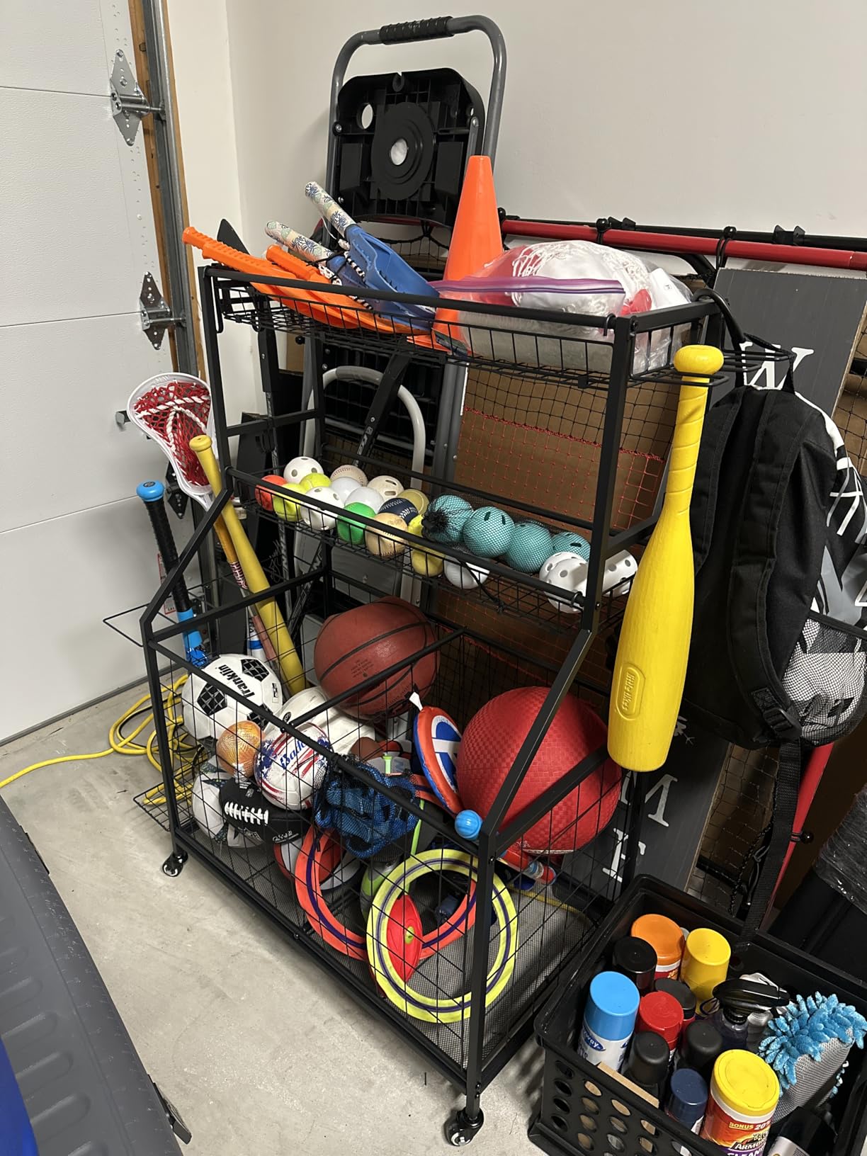 Sports Equipment Garage Organizer - Heavy Duty Garage Organization Ball Storage Rack with Basket, Hooks and Rolling Cart for Sports Gear and Toy Storage, Indoor/Outdoor Use, Black customer photo 1