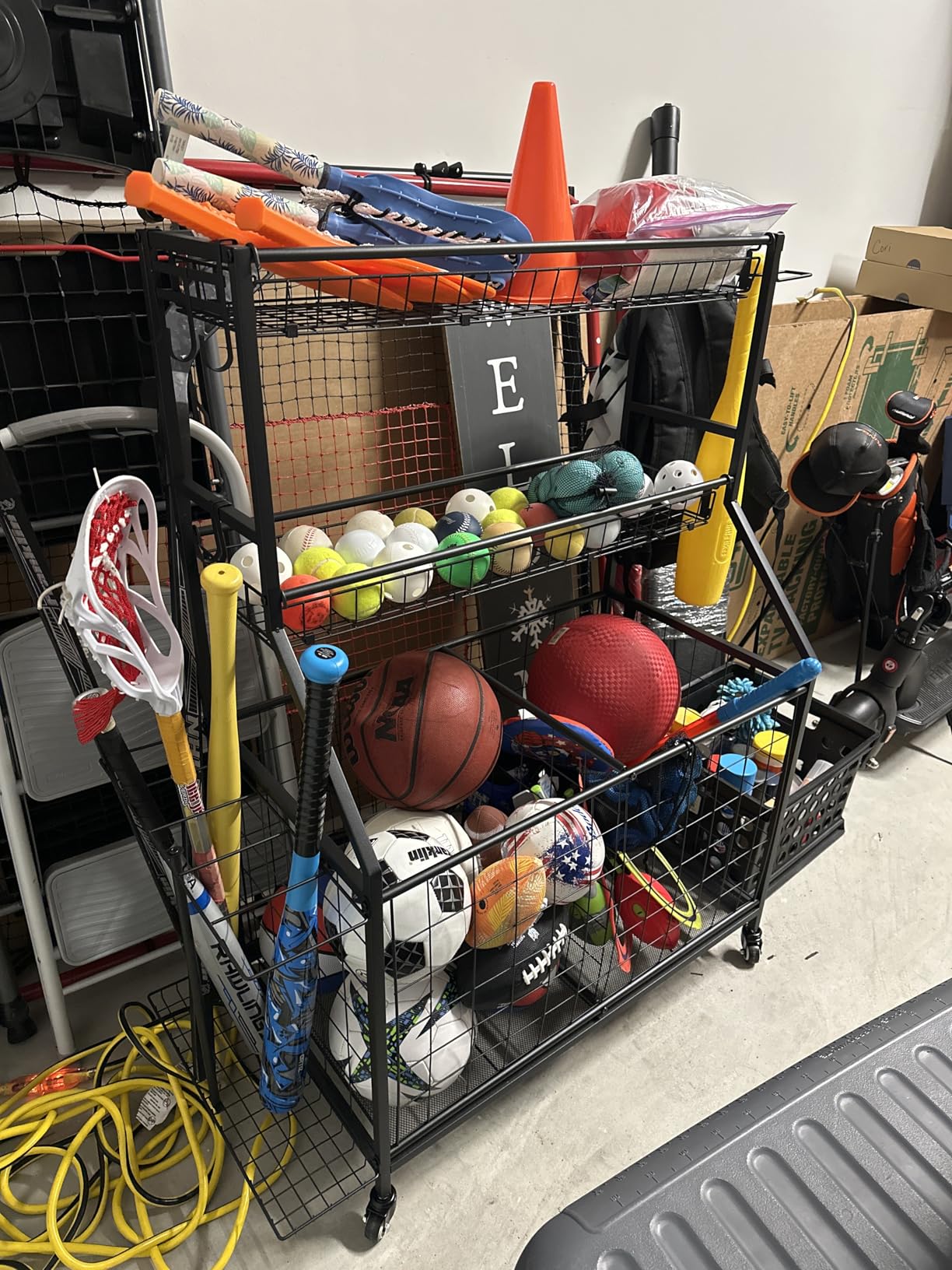 Sports Equipment Garage Organizer - Heavy Duty Garage Organization Ball Storage Rack with Basket, Hooks and Rolling Cart for Sports Gear and Toy Storage, Indoor/Outdoor Use, Black customer photo 2