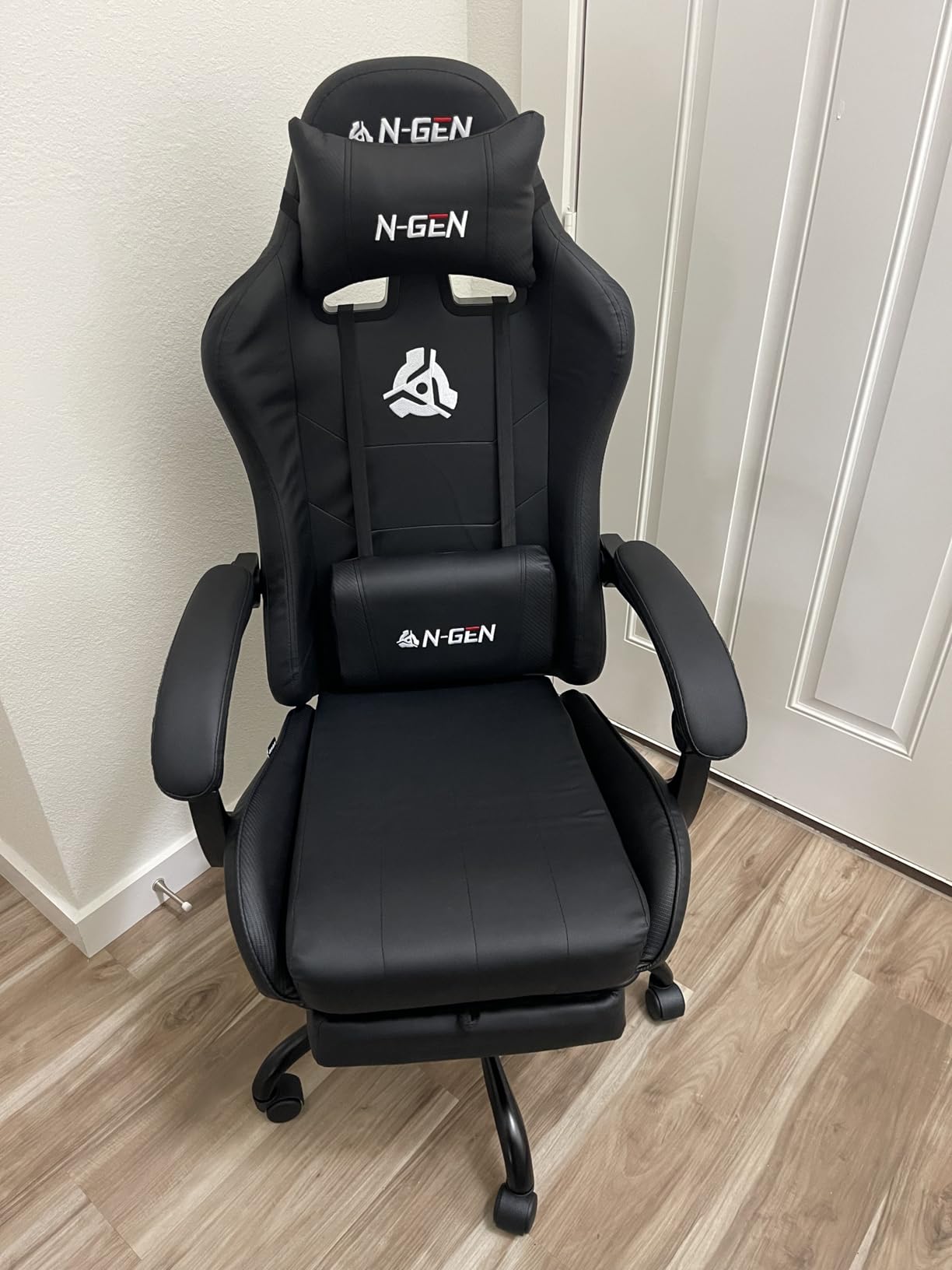 N-GEN GAMING Video Gaming Chair with Footrest Lumbar Support for Home Office High Back Recliner Height Adjustable Ergonomic Comfy Leather Computer Desk Chair (Black) customer photo 2