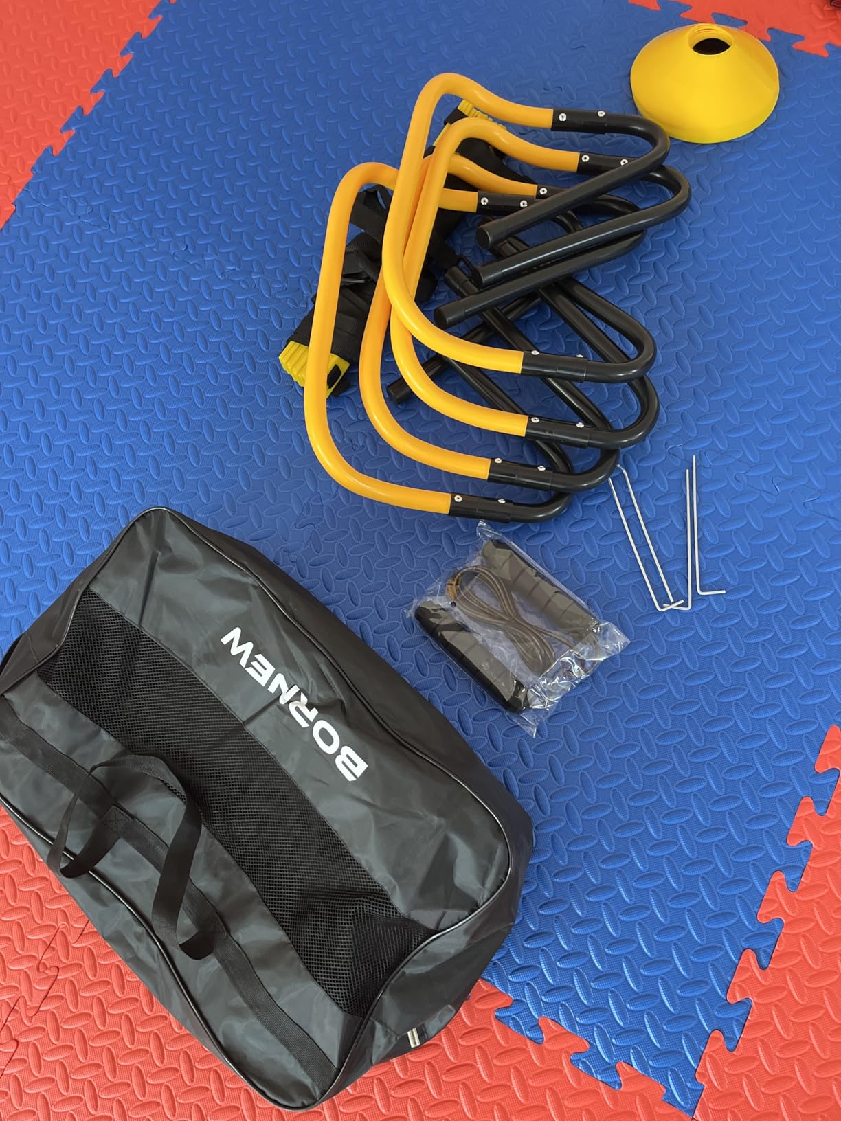 BORNEW Agility Speed Training Equipment Set, Football Practise Set with 20ft Agility Ladder, 12 Cones, 4 Adjustable Hurdles, Jump Rope, for Basketball, Soccer Training, Football, Kids, Youth, Adults customer photo 2