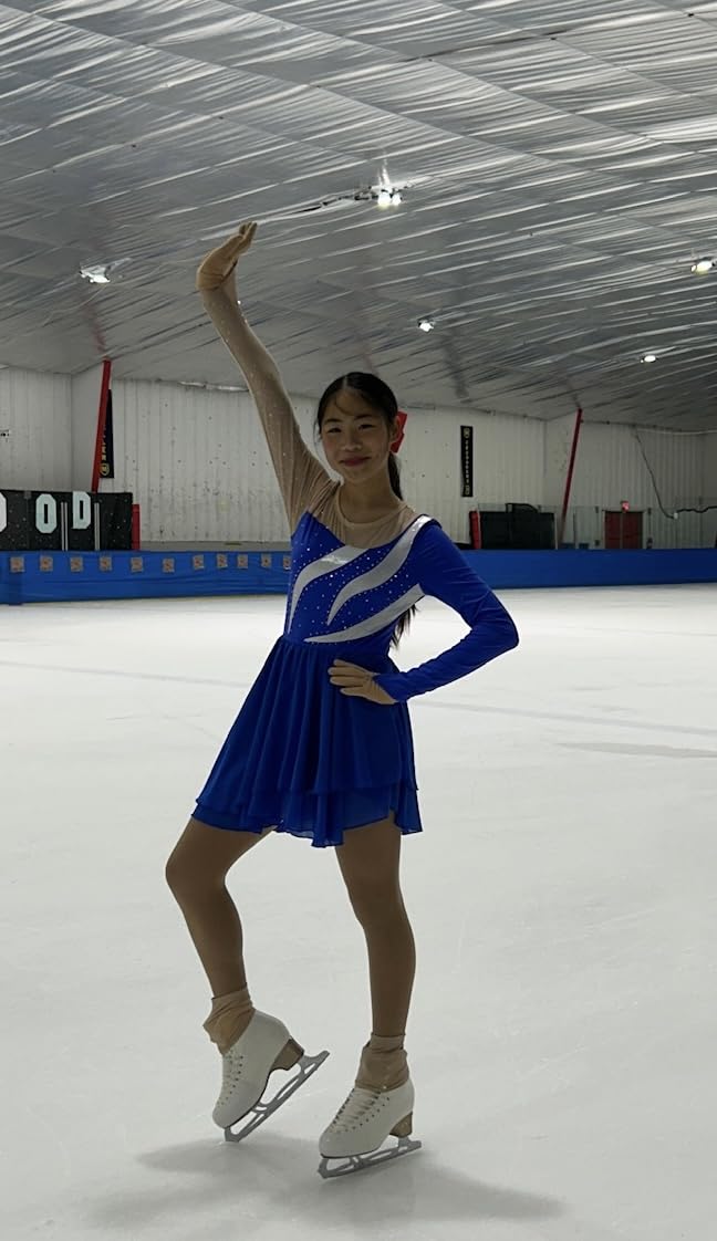 Ice Skating Dress for Women Long Sleeve Figure Skating Costume Rhythmic Gymnastics Leotard Sparkly Chiffon Skirt customer photo 2