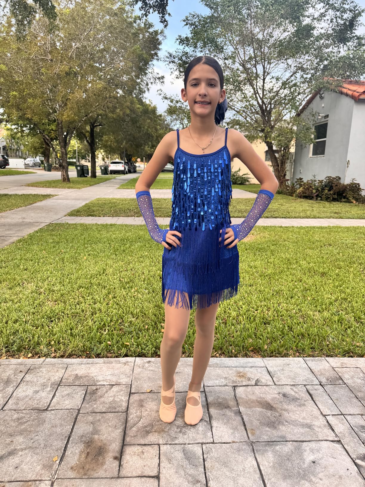 LOLANTA 2Pcs Girls Sequin Fringe Dress, Salsa Cha Cha Tassel Latin Dance Dress & Shorts, Adjustable Spaghetti Strap 5-13 Yrs customer photo 1