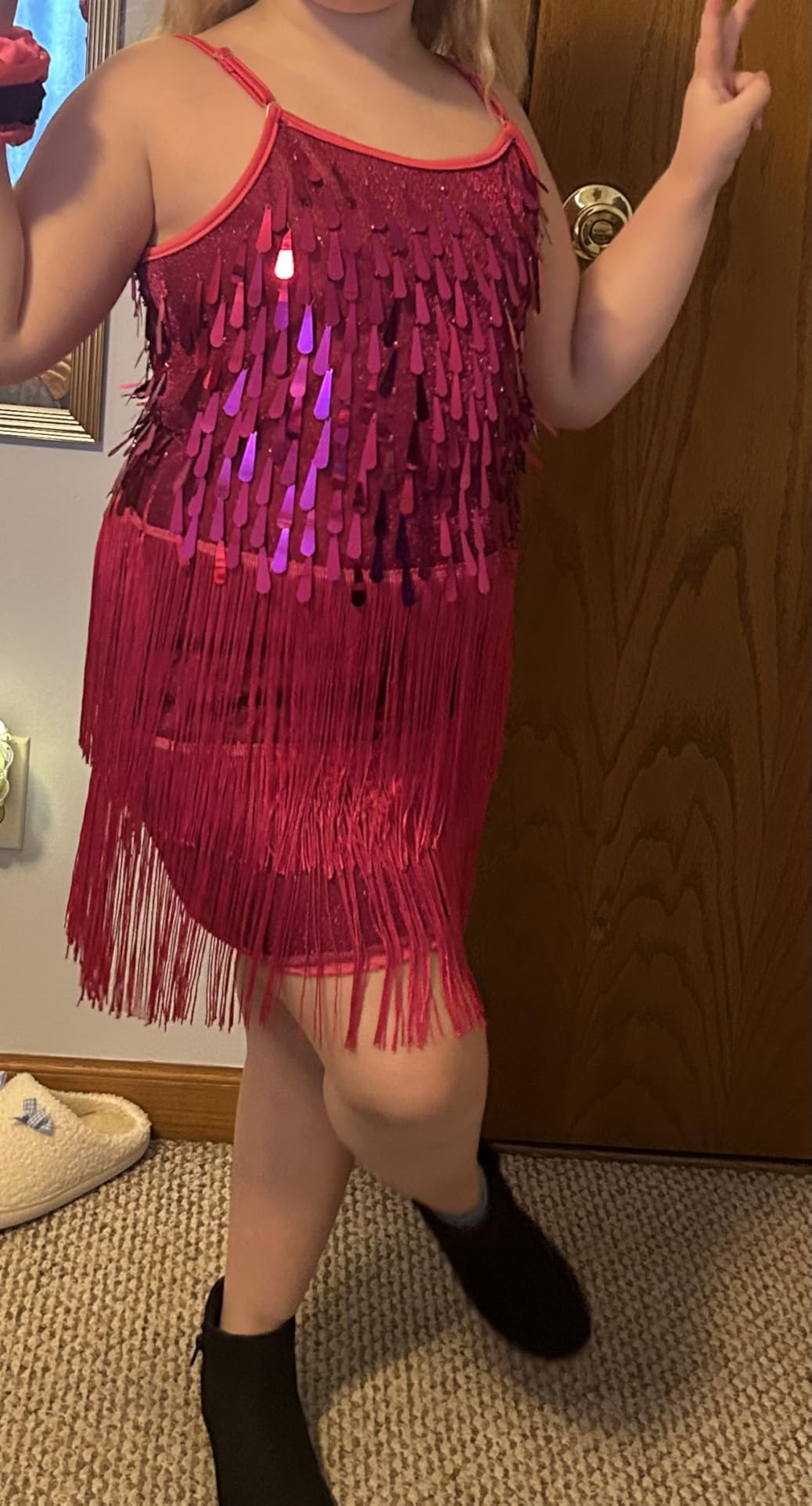 LOLANTA 2Pcs Girls Sequin Fringe Dress, Salsa Cha Cha Tassel Latin Dance Dress & Shorts, Adjustable Spaghetti Strap 5-13 Yrs customer photo 2