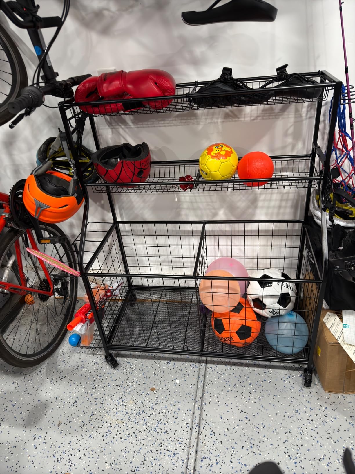 WUC Sports Equipment Garage Organizer - Garage Ball Storage Rack with Basket Hooks and Rolling Cart for Sports Gear and Toy Storage Grey customer photo 1