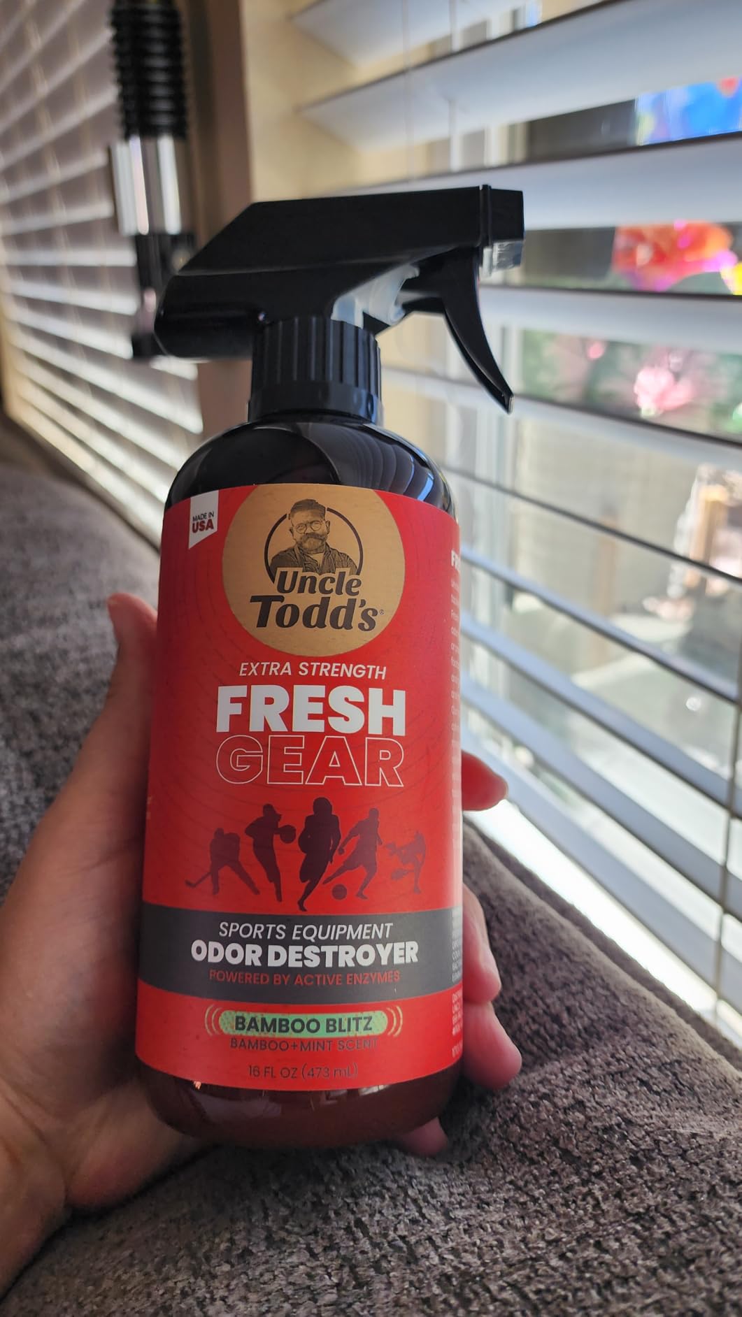 Uncle Todd's Odor Stomp Sports Equipment Odor Eliminator Spray - Extra Strength Enzyme-Powered Deodorizer for Football, Hockey, Gym Bags, and Athletic Gear - Citrus Sport Scent - 16oz customer photo 1