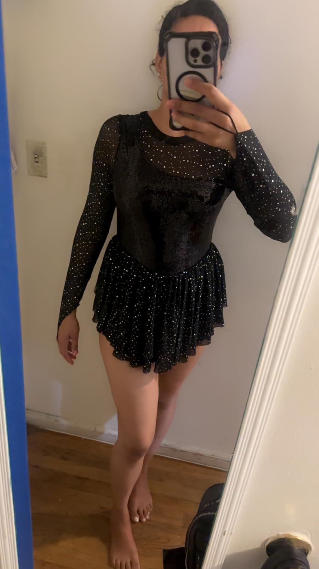 Figure Skating Dress for Women Mesh Long Sleeve Sparkly Sequin Rhinestones Skirted Leotard Gym Ballet Dancewear customer photo 1