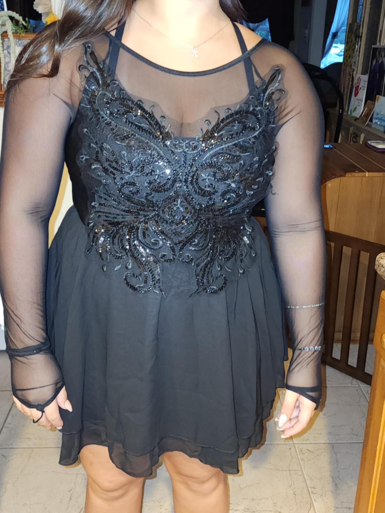 Figure Skating Dress for Women Mesh Long Sleeve Criss Cross Back Sequin Bead Chiffon Skirted Leotard Dancewear customer photo 1