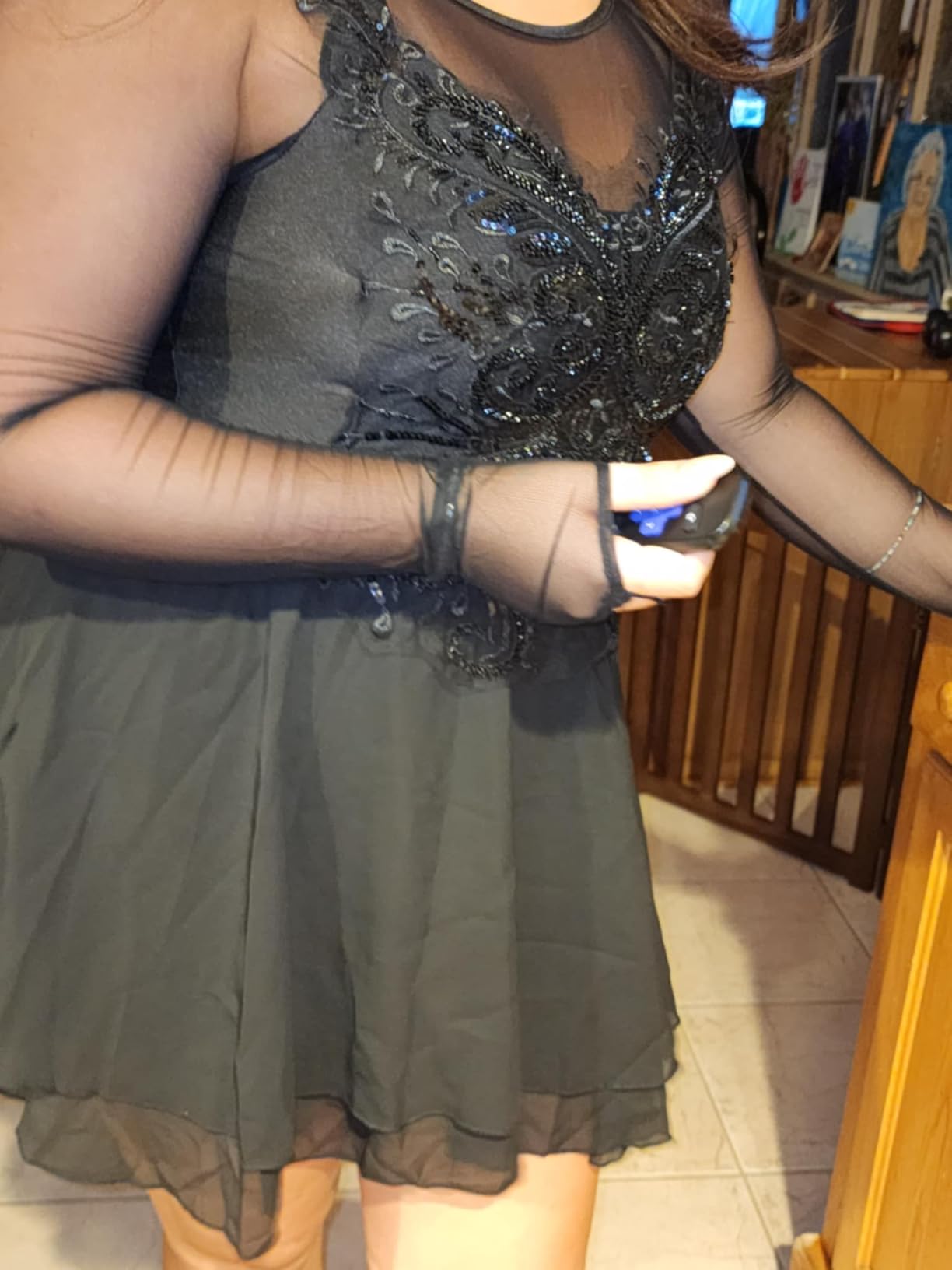 Figure Skating Dress for Women Mesh Long Sleeve Criss Cross Back Sequin Bead Chiffon Skirted Leotard Dancewear customer photo 2