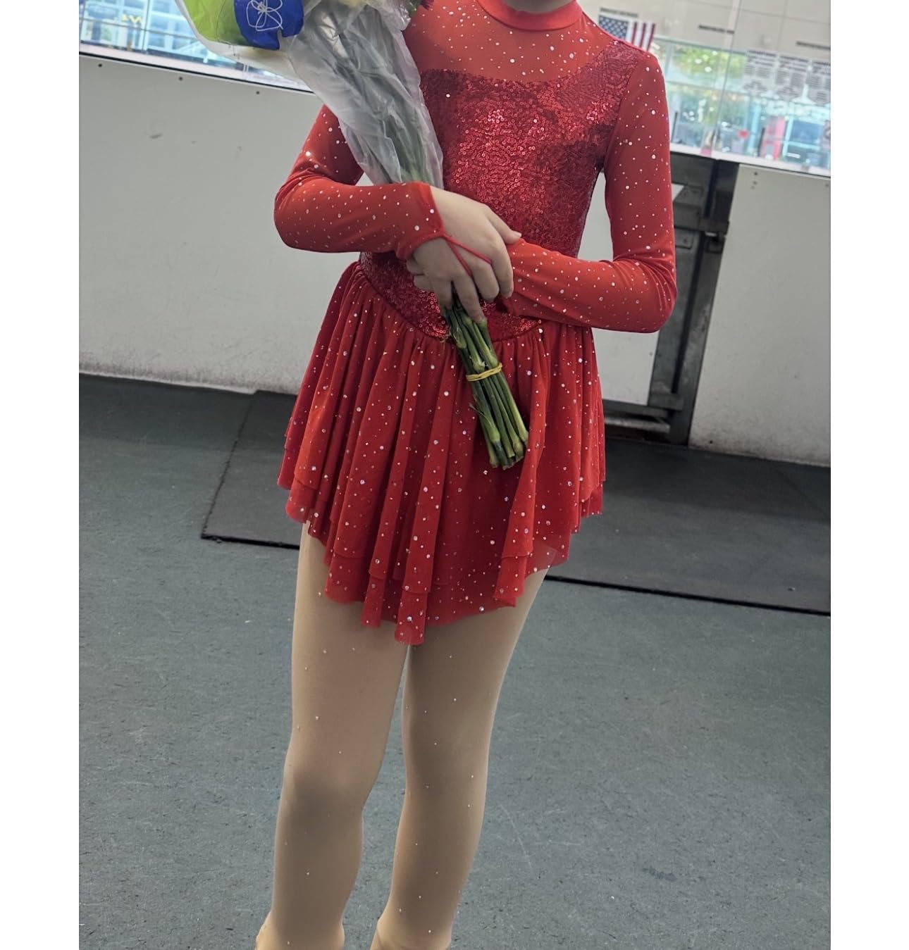 ODASDO Figure Skating Dress for Girls Mesh Long Sleeve Sparkly Sequin Skirted Leotard Ballet Outfit Dancewear customer photo 2