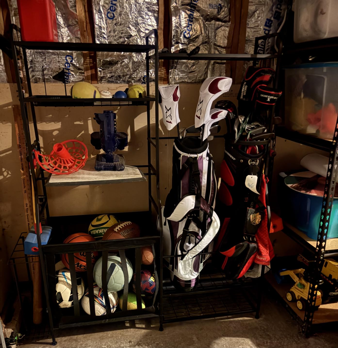 Garage Sports Equipment Organizer, Golf Bag Storage Rack, Heavy Duty Ball Holder with Basket & Hooks, Indoor/Outdoor Basketball Storage Bins for Toy Sports Gear Storage customer photo 2