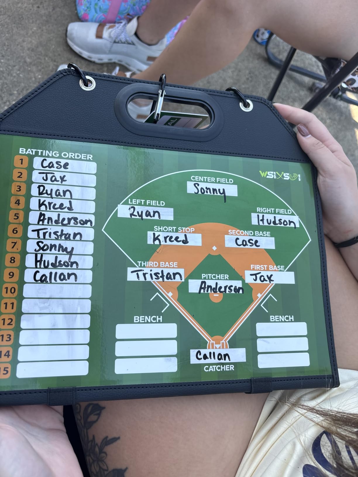 Magnetic Baseball Lineup Board for Dugout | Professional Baseball/Softball Clipboard for Coaches, Foldable | Leather Cover | Carry Handle | Detachable Scoreboard | 30 Lineup Cards customer photo 1