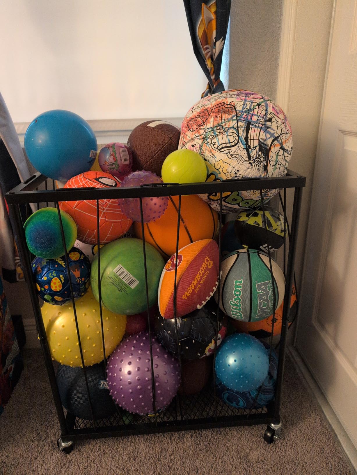 TomCare Garage Ball Rolling Storage Rack Large Capacity Basketball Holder with Elastic Rope [Hold 12-15 Balls][Easy to Take] Garage Sports Equipment Organizer cart with Wheels for Home, Outdoor Use customer photo 1