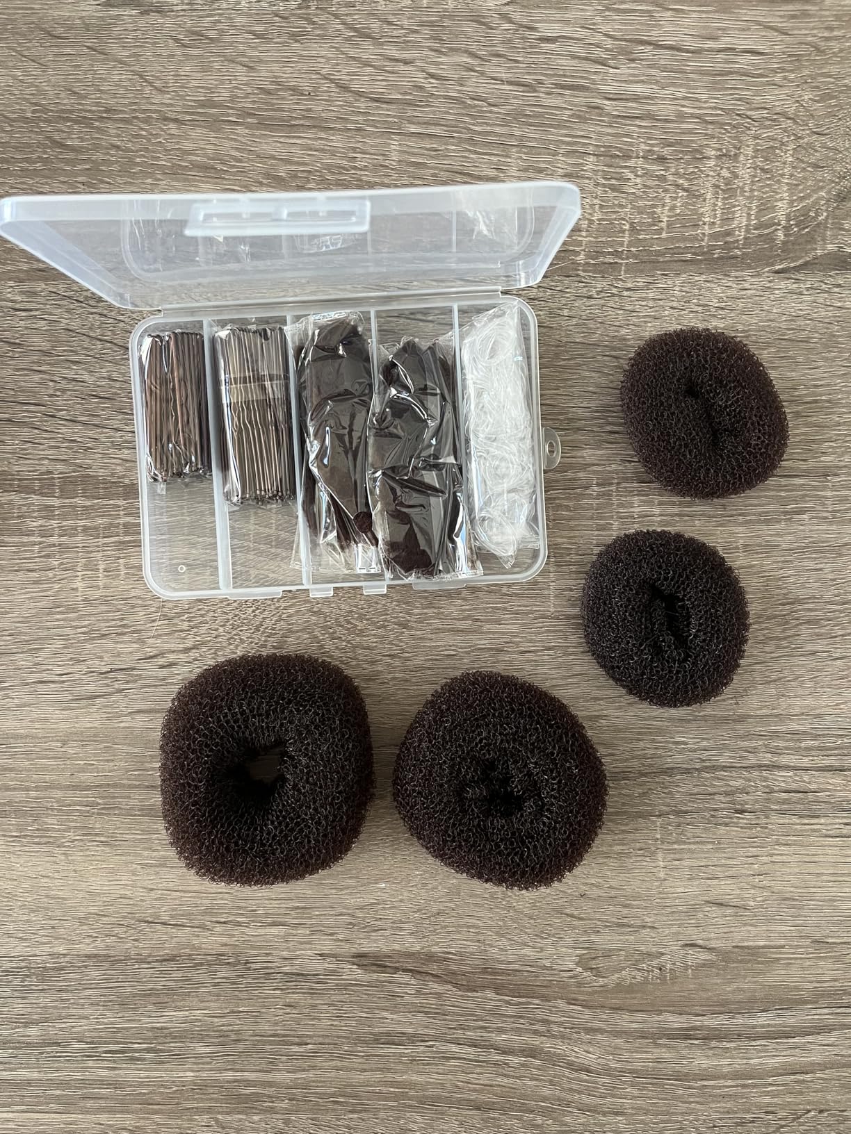 YGDZ 200 PCS Hair Bun Maker Set, 4 Pcs Hair Donuts, 10 Pcs Brown Hair Nets for Buns, 80 Pcs Bobby Pins for Women, Girls, Elastic Ties, Dance Hair Accessories, Ballet Bun Kit, Brown customer photo 1