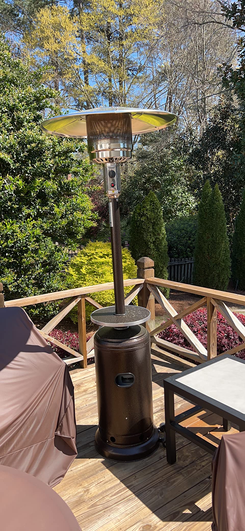 AZ Patio Outdoor Propane Gas Patio Heater, 48K BTU's, Open Door Design, Adjustable Table, Single pole, Weight Bladder Included, Regulator and Hose, Hammered Bronze Finish customer photo 1
