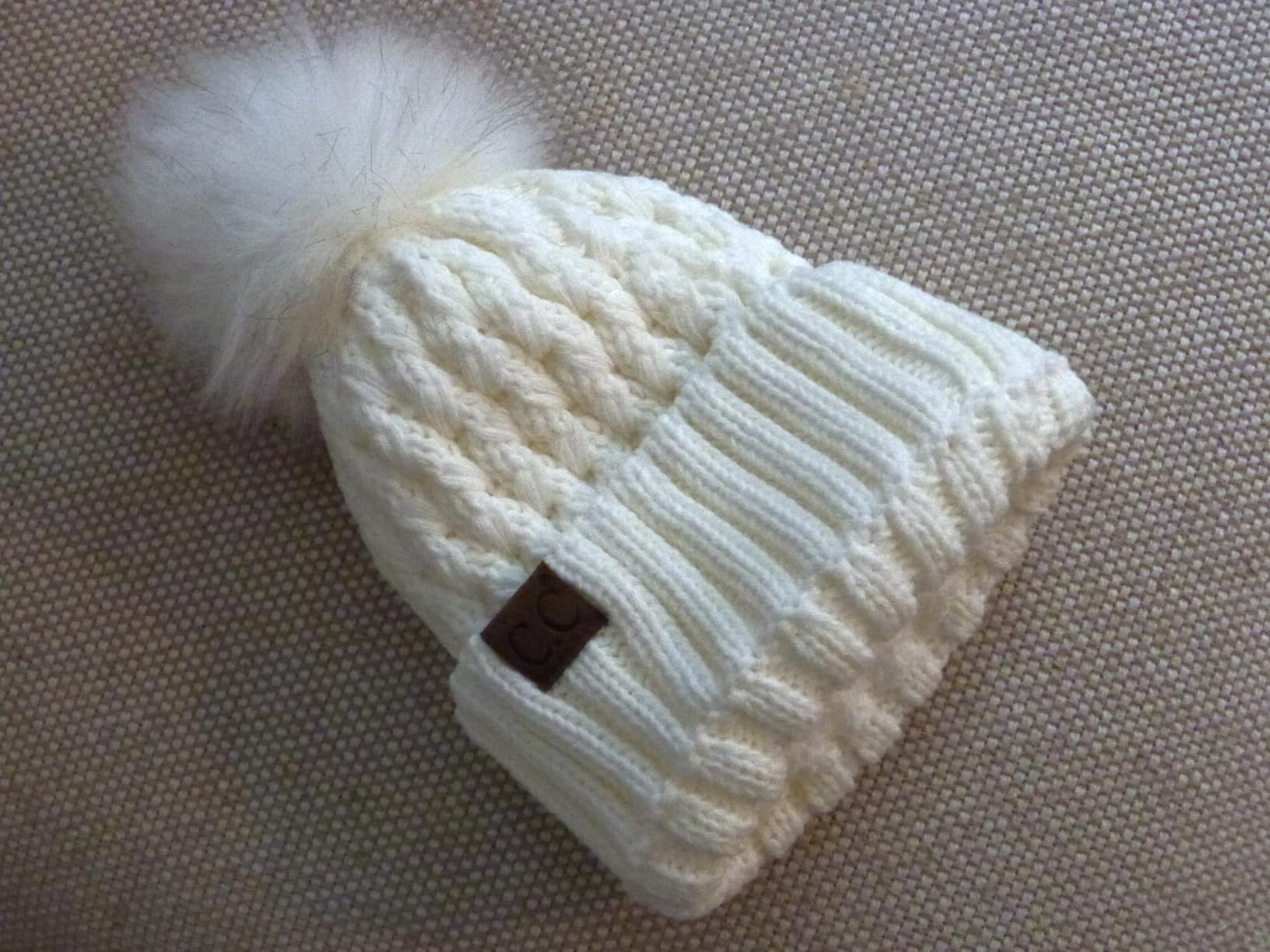 Thick Cable Knit Faux Fuzzy Fur Pom Fleece Lined Skull Cap Cuff Beanie customer photo 1