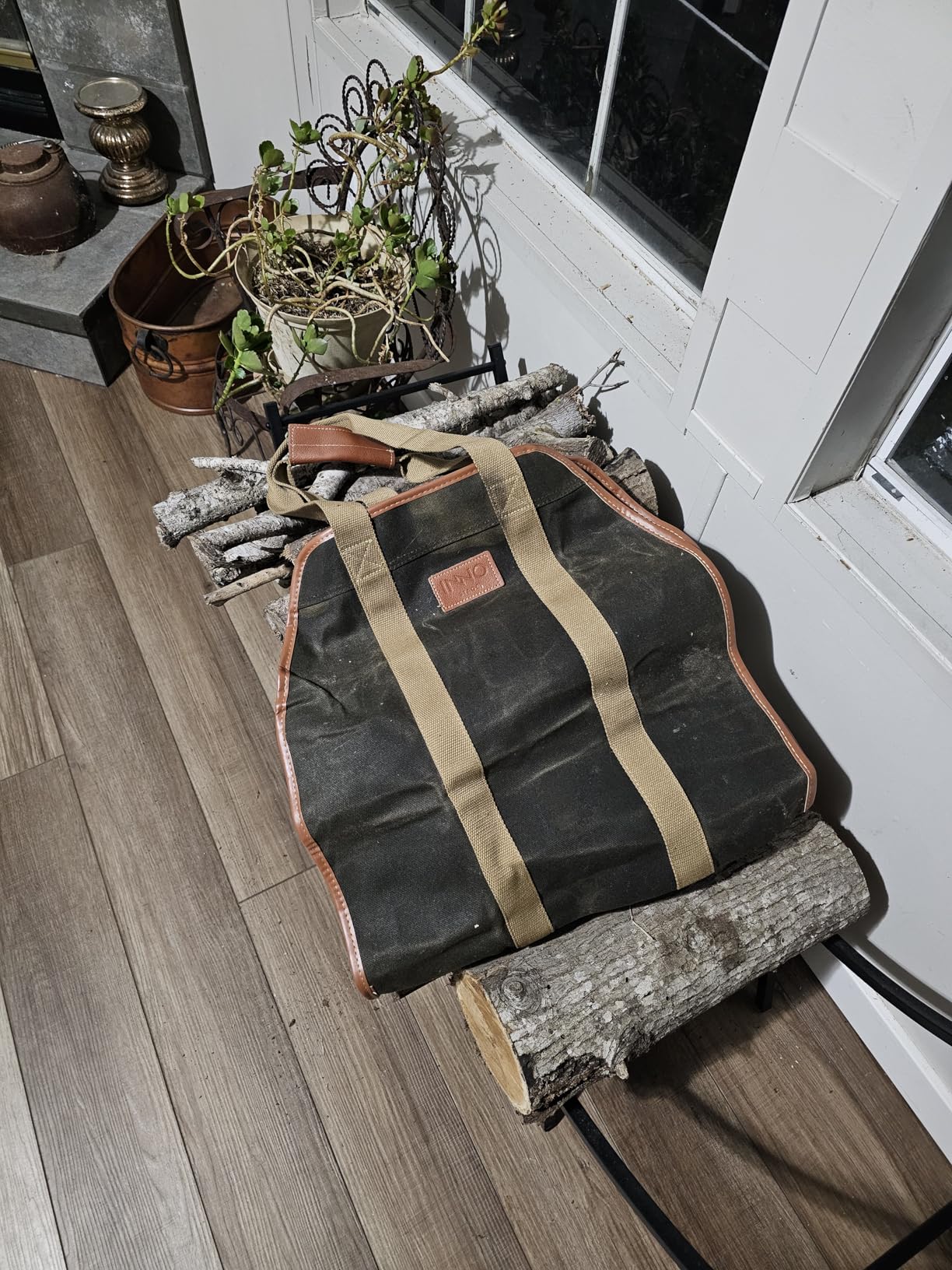 INNO STAGE Firewood Carrier Firewood Bag Heavy Duty Waxed Canvas Log Carrier Tote for Firewood, Large Fire Wood Sling Carrier with Handles for Easy Transport Carrying and Wood Stove Accessories customer photo 1