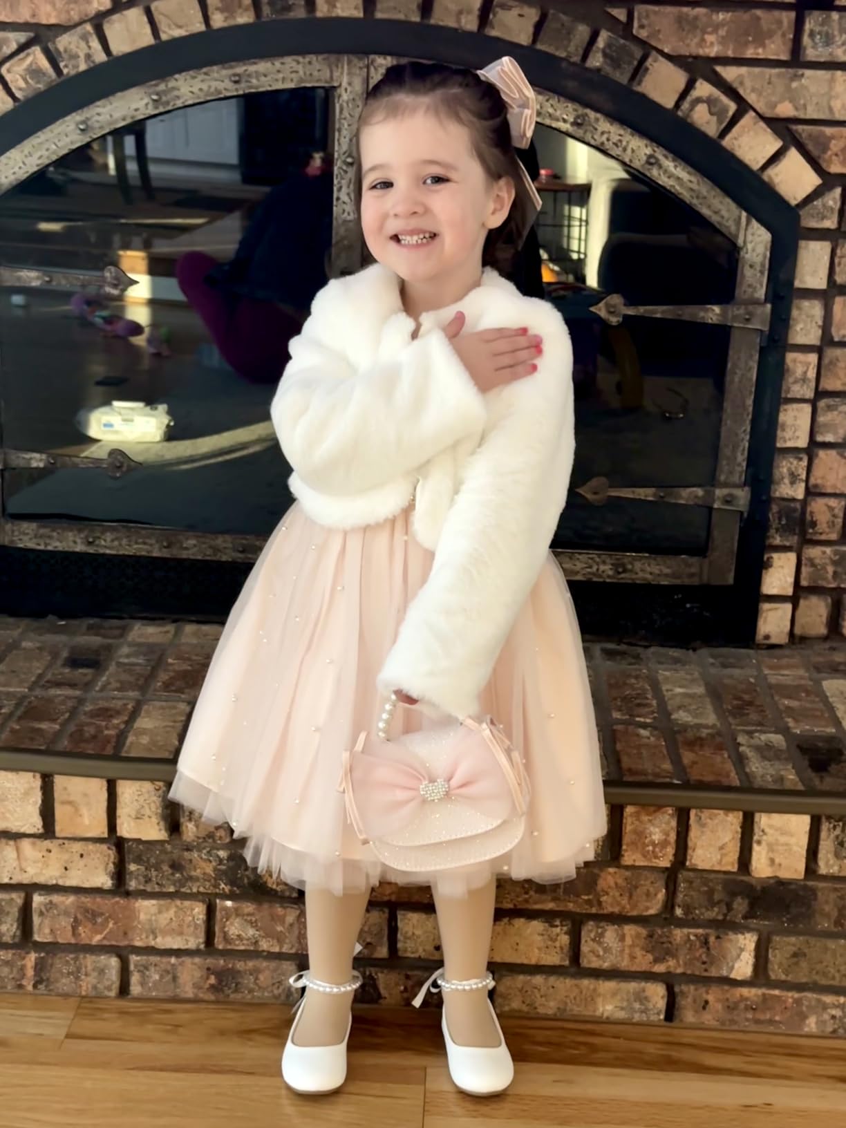 Girls Cozy Faux Fur Long Sleeve Crew Neck Dress Coat customer photo 1