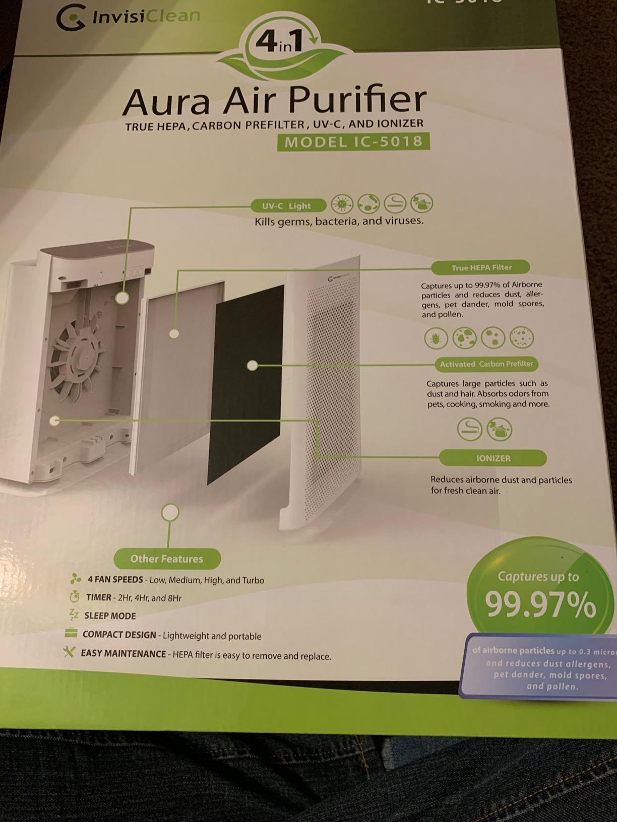 InvisiClean Aura II Air Purifier for Home Allergies & Pets, 4-in-1 H13 True HEPA Filter/Ionizer/Carbon + UV Light, Portable for Large Room & Bedroom Odor Elimination customer photo 2