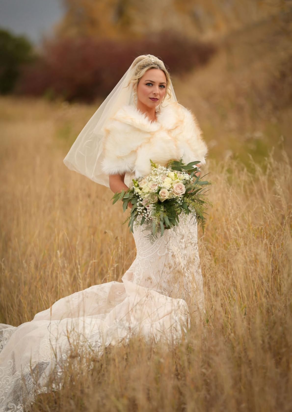 Women's Faux Fur Shawl Wrap Cape for Bridal Wedding Party Blue Artificial Wool customer photo 2