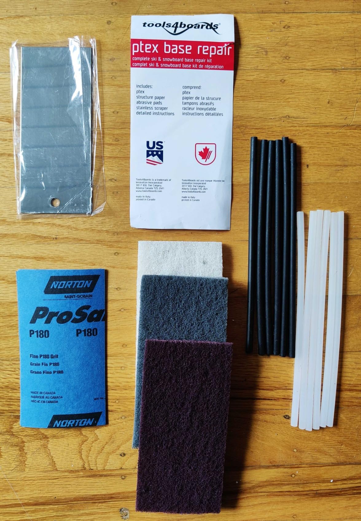 Tools4Boards Ski & Snowboard P-TEX Base Repair Kit: 12 pcs Ptex + 5 pcs Structure Sandpaper + 3 Brite Abrasive Pads + Stainless Scraper, Extra Large customer photo 1