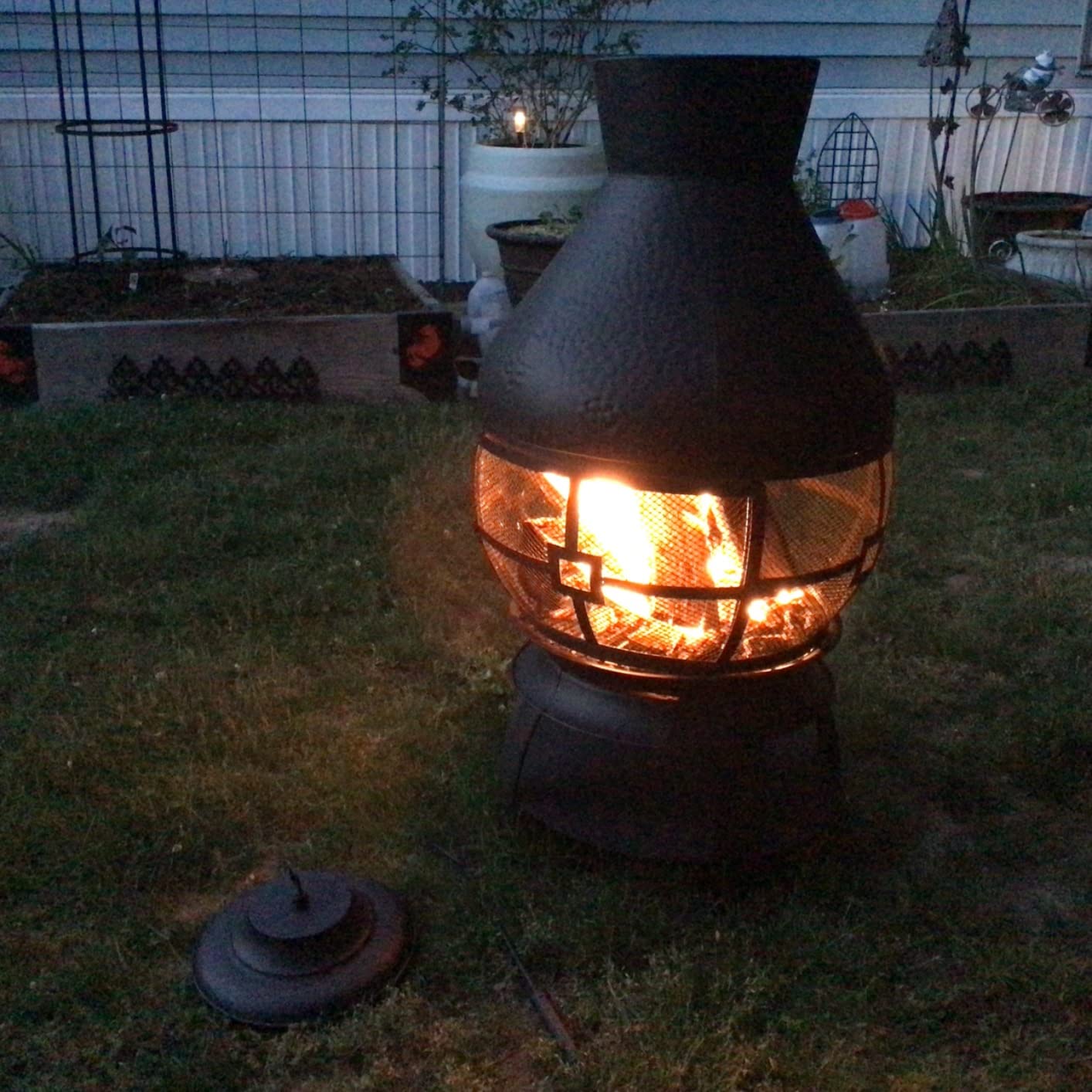 SAFSTAR Outdoor Cast Iron Chiminea, Fireplace Wooden Chiminea Fire Pit w/Fire Poker, 360 Degree Fire Retardant Mesh Cover, Patio Wood Burning Fire Pit customer photo 1