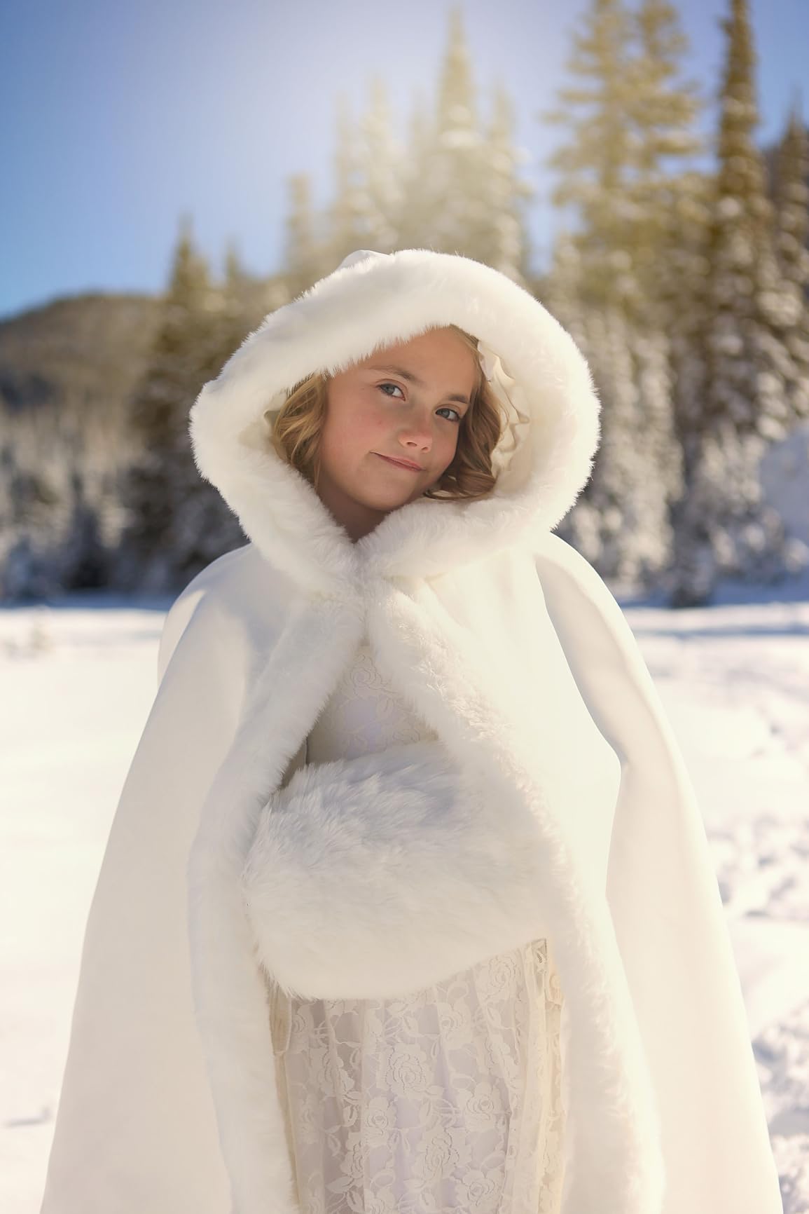 BEAUTELICATE Flower Girl Hooded Fur Cape Winter Wedding Cloak for Kid Toddler Costume Christmas Baby Coat customer photo 1
