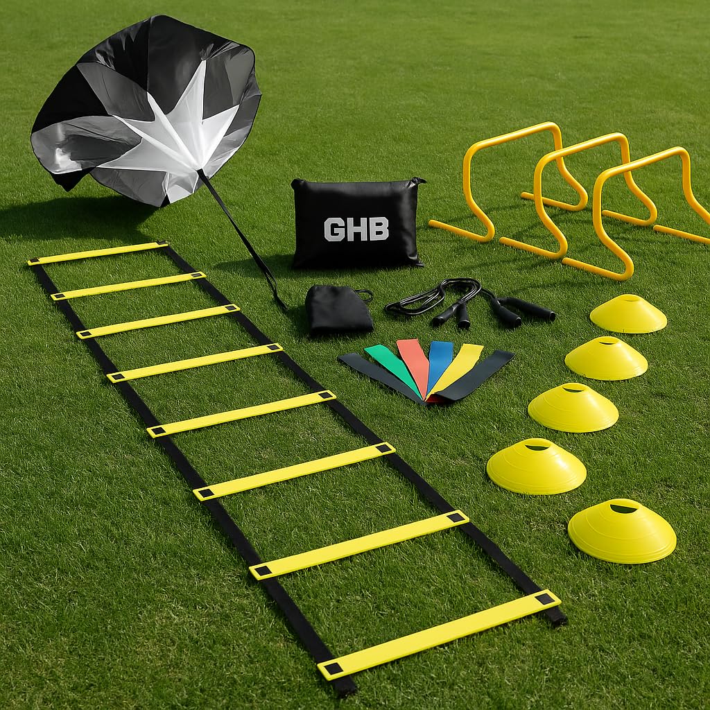 GHB Agility Ladder,Football Training Equipment Set,4 Agility Hurdles, 20 feet 12 Rungs Speed Ladder,12 Disc Cones,Resistance Parachute, Jump Rope, 5 Resistance Bands customer photo 1