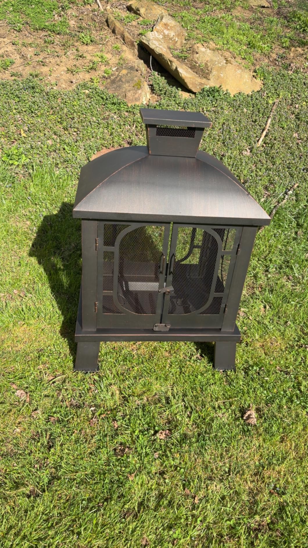 Panovue 45 Inch H x 31 Inch W Metal Chiminea Fire Pit with Grill, Wood Burning Fire Pits for Outside, Square Chimineas Fireplace with Mesh Spark Screen Door and Fire Poker for Garden, Yard, BBQ, Bonfire (Black and Gold) customer photo 1