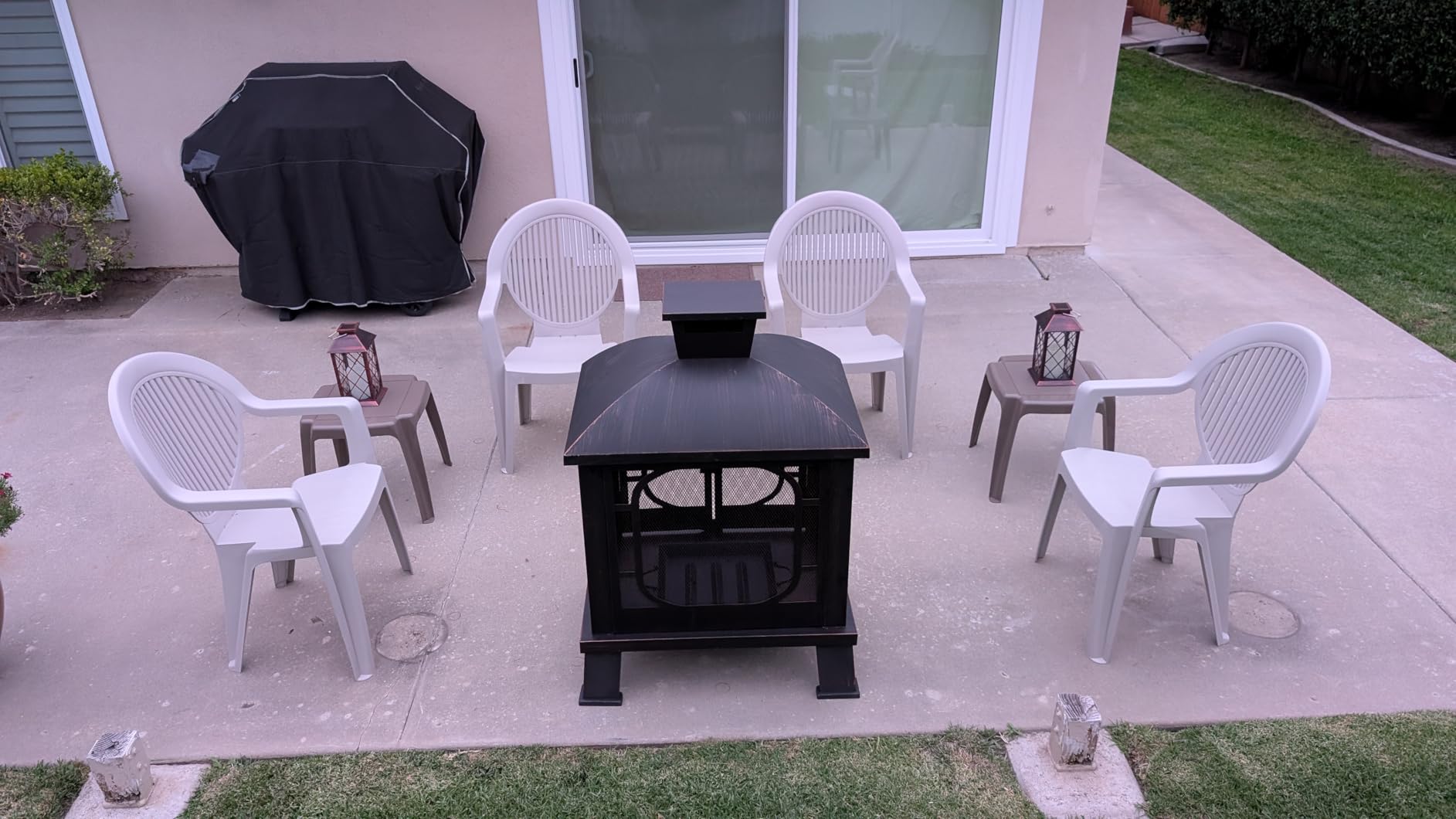 Panovue 45 Inch H x 31 Inch W Metal Chiminea Fire Pit with Grill, Wood Burning Fire Pits for Outside, Square Chimineas Fireplace with Mesh Spark Screen Door and Fire Poker for Garden, Yard, BBQ, Bonfire (Black and Gold) customer photo 2