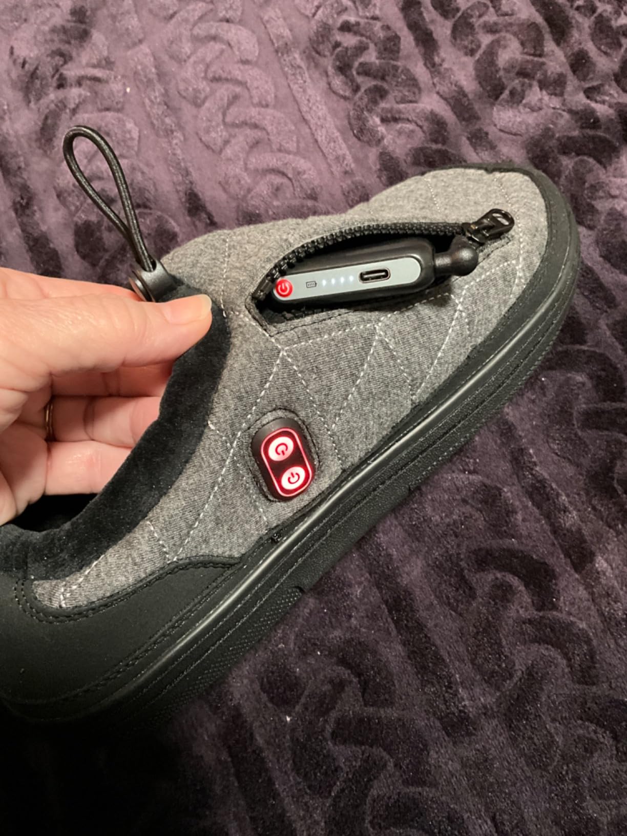 Foot Warmer, Kamlif Heated Slippers for Men Women, 5V Heating Pad, Rechargeable Electric Shoes Indoor House Shoes Plush Slip Outdoor Camping Feet Warmer with 5000 mAh Battery customer photo 1