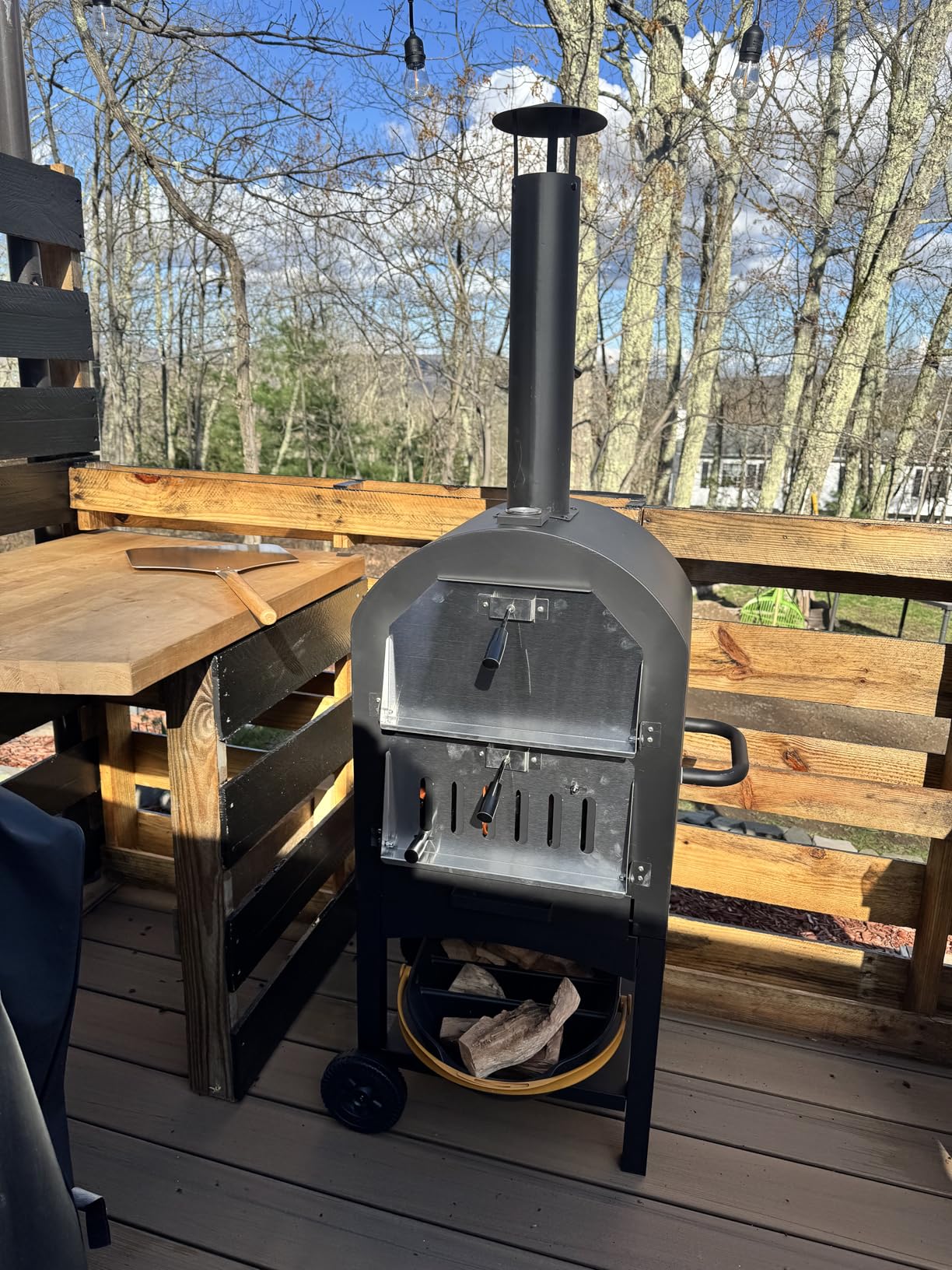 HAPPYGRILL Outdoor Wood Fired Pizza Oven w/Firewood Storage, Side Shelves, Patio Pizza Maker wi/Pizza Stone & Peel, 2 Cooking Grills & Thermometer, Portable Pizza Stove for Backyard Party Camping customer photo 2