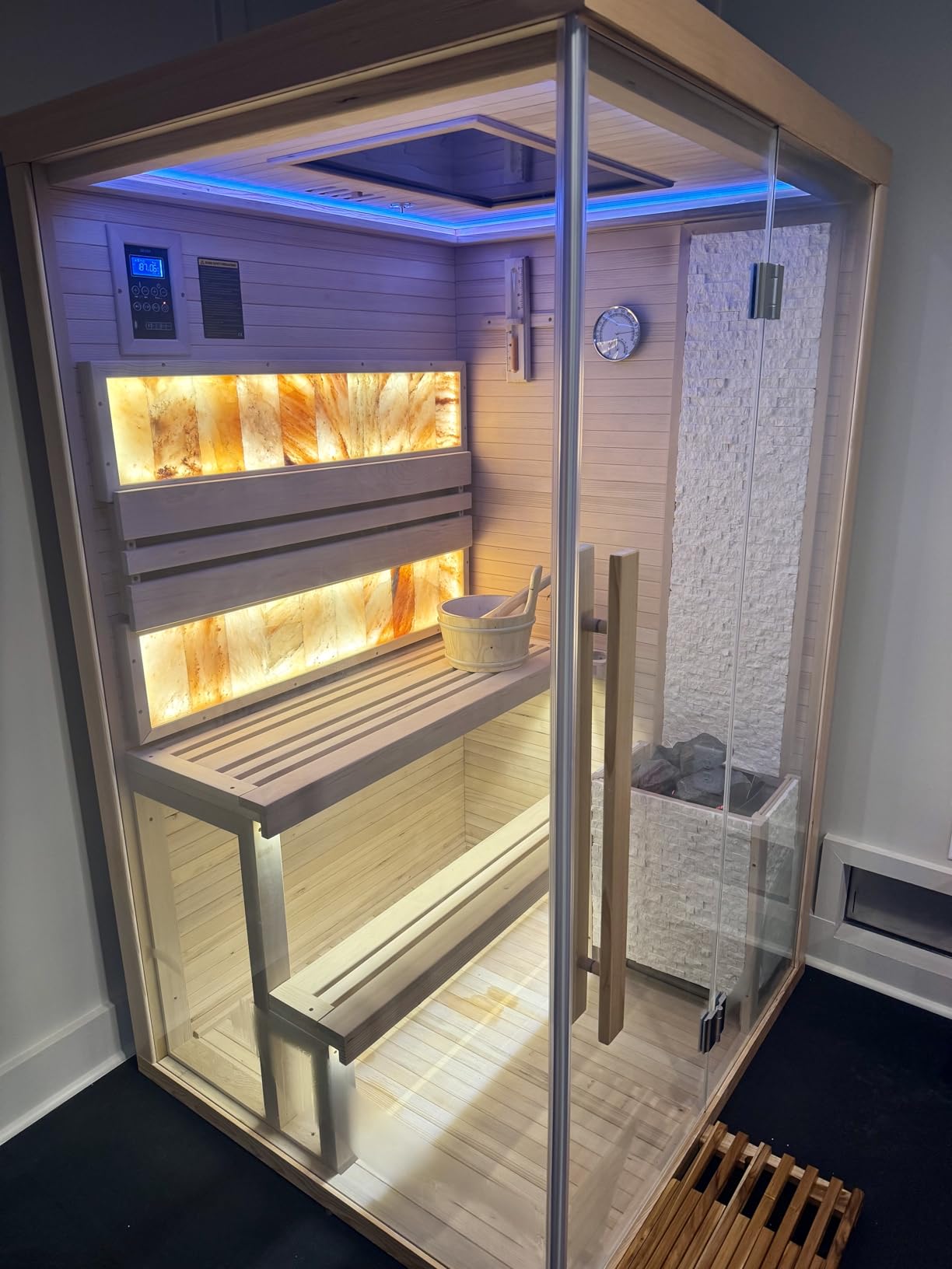 Traditional Steam Sauna, 2-4 Person Luxurious Indoor Sauna with 2300W Stove Heater, Wood Sauna Room with 2 Himalayan Salt Bricks, 7-Color Dynamic Abysm Sky Lights, 220V, Bluetooth Speaker customer photo 2