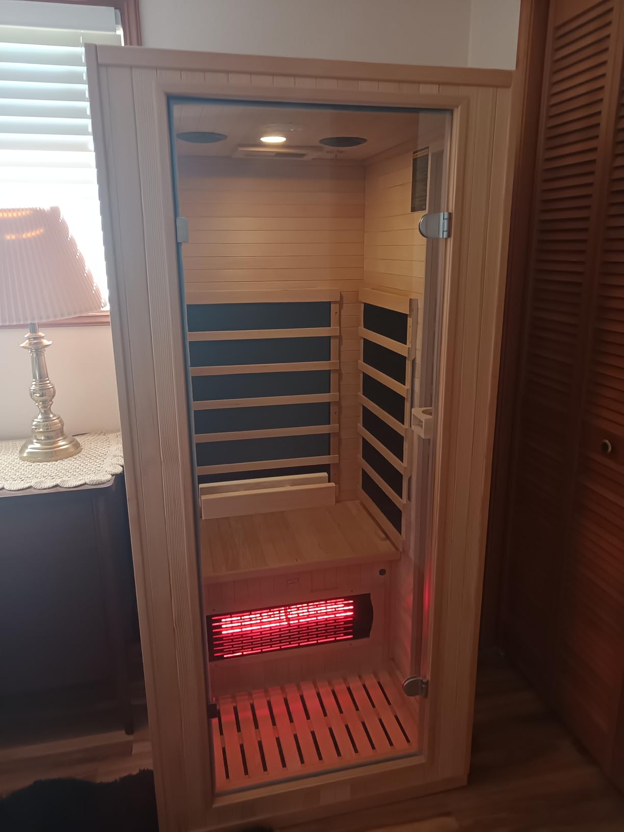 1 Person Infrared Sauna, Full Spectrum Roomy Sauna for Home, Indoor Dry Sauna with Rapid Heating 4 Carbon Panels&1 Carbon Tube, Bluetooth and 7 Color Therapy Lights, 110V customer photo 2