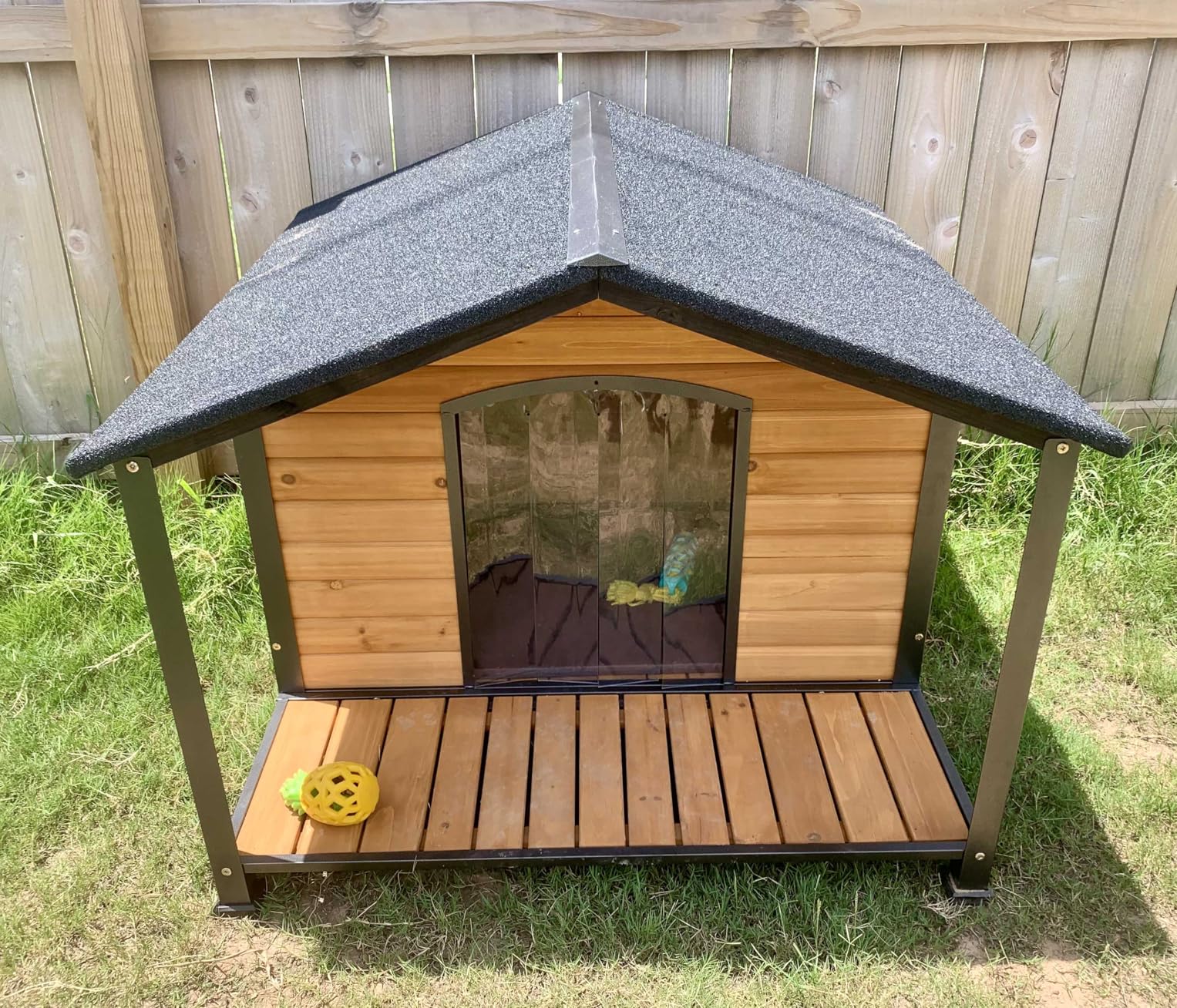 Heated Dog House Outdoor with Insulated Liner,Weatherproof Wooden Dog Shelter for Medium and Large Sized Dogs,Iron Frame Indoor Outdoor Kennel,Pets Warm House in Winter with Large Porch (Brown, L) customer photo 2