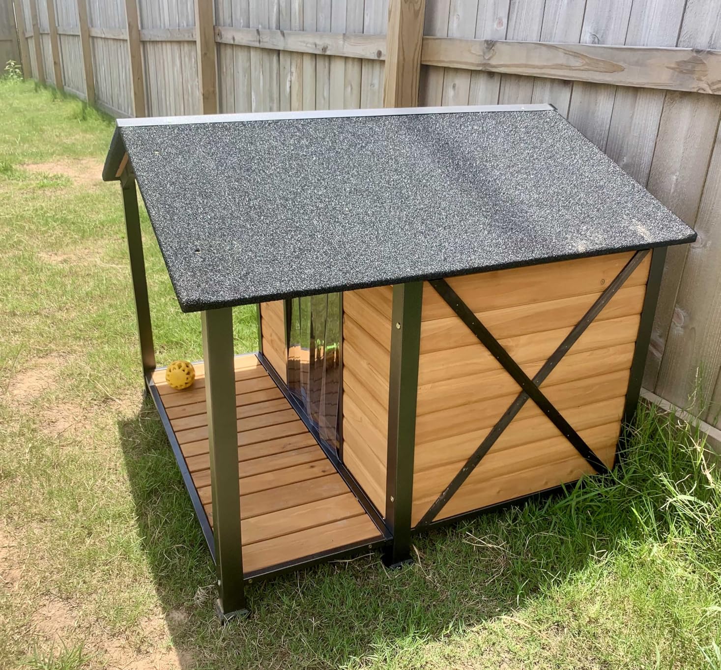 Heated Dog House Outdoor with Insulated Liner,Weatherproof Wooden Dog Shelter for Medium and Large Sized Dogs,Iron Frame Indoor Outdoor Kennel,Pets Warm House in Winter with Large Porch (Brown, M) customer photo 1