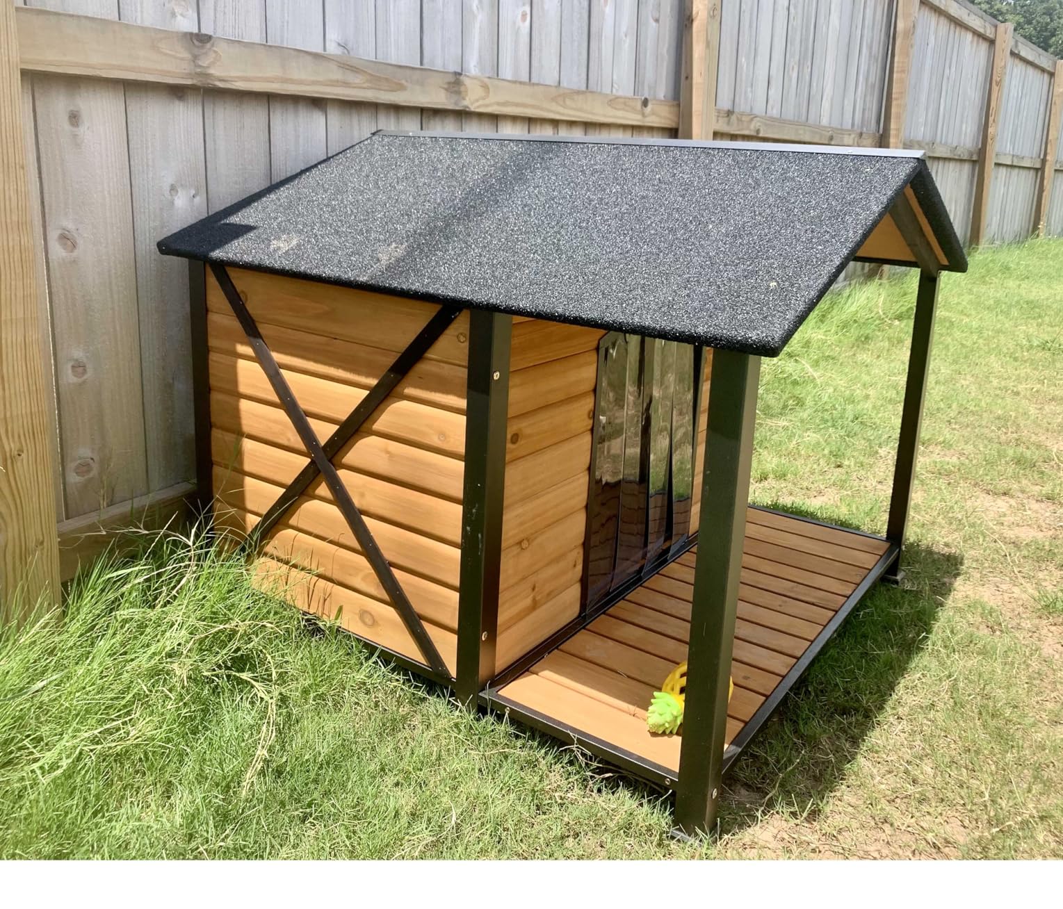 Heated Dog House Outdoor with Insulated Liner,Weatherproof Wooden Dog Shelter for Medium and Large Sized Dogs,Iron Frame Indoor Outdoor Kennel,Pets Warm House in Winter with Large Porch (Brown, M) customer photo 2